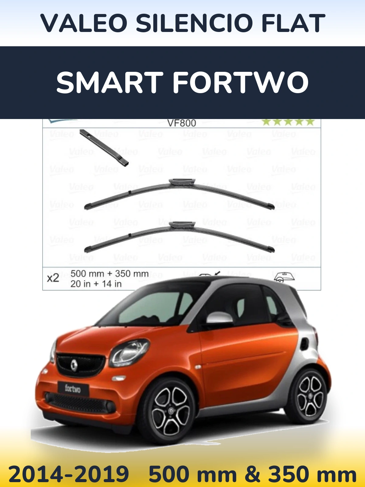 Front wiper blade set Valeo Silencio Flat 500 & 350 mm for Smart Fortwo 2014-2019
