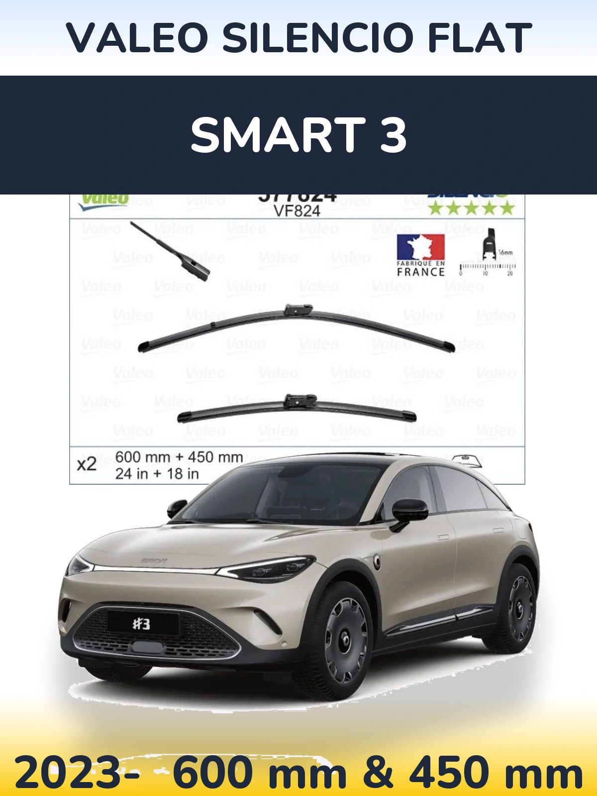 Front wiper blade set Valeo Silencio Flat 600 & 450 mm for Smart 3 2023-2026