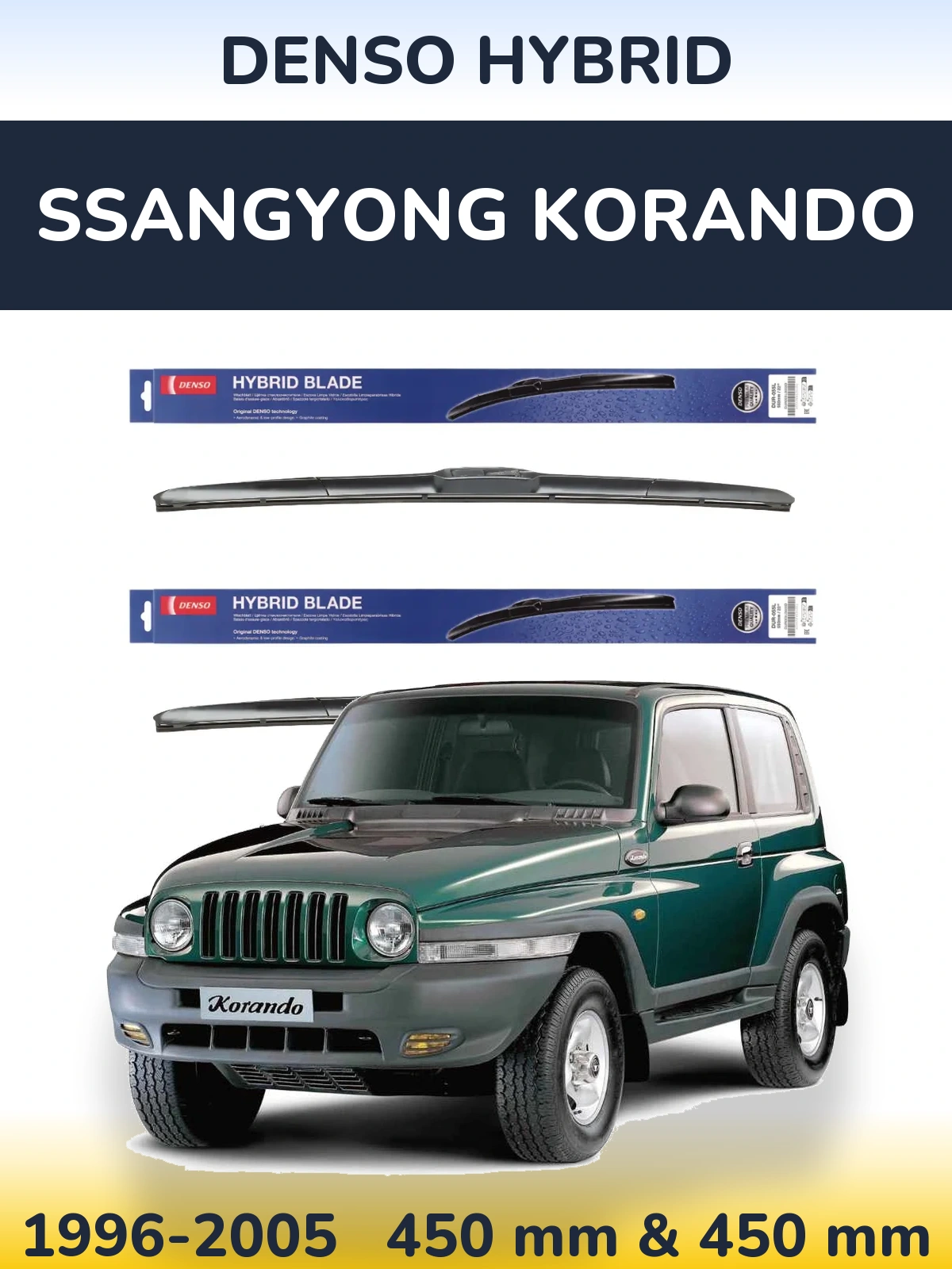 Front wiper blade set Denso Hybrid 450 & 450 mm for SsangYong Korando 1996-2005