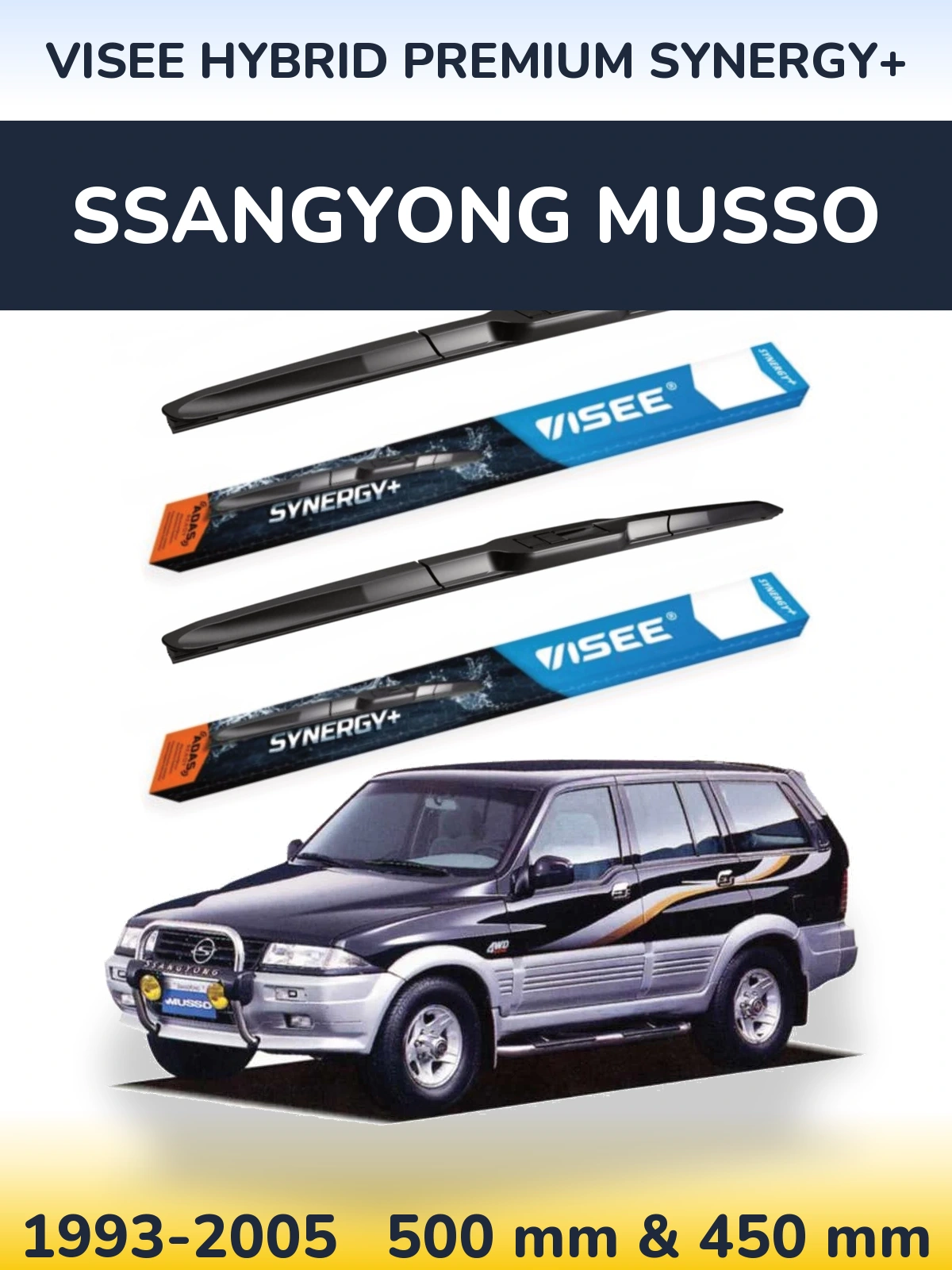 Front wiper blade set VISEE HYBRID PREMIUM SYNERGY+ 500 & 450 mm for SsangYong Musso 1993-2005