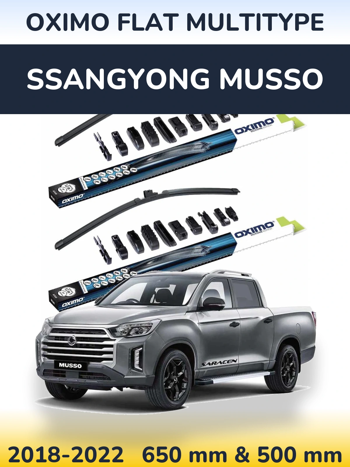 Front wiper blade set Oximo Flat MultiTypee 650 & 500 mm for SsangYong Musso 2018-2022