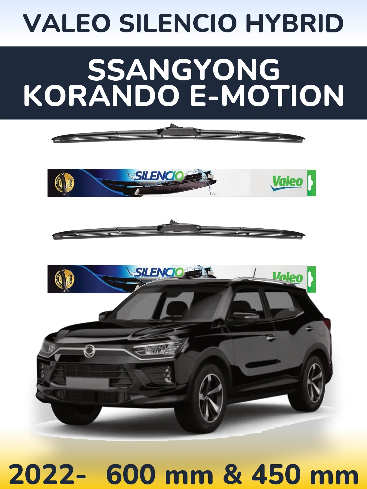 Front wiper blade set Valeo Silencio Hybrid 600 & 450 mm for SsangYong Korando E-Motion 2022-2026