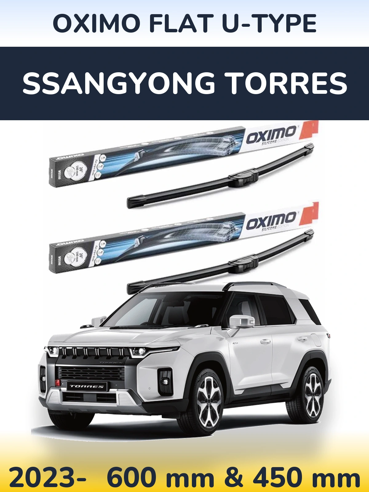 Комплект передних дворников Oximo Flat U-type 600 & 450 мм для SsangYong Torres 2023-2026