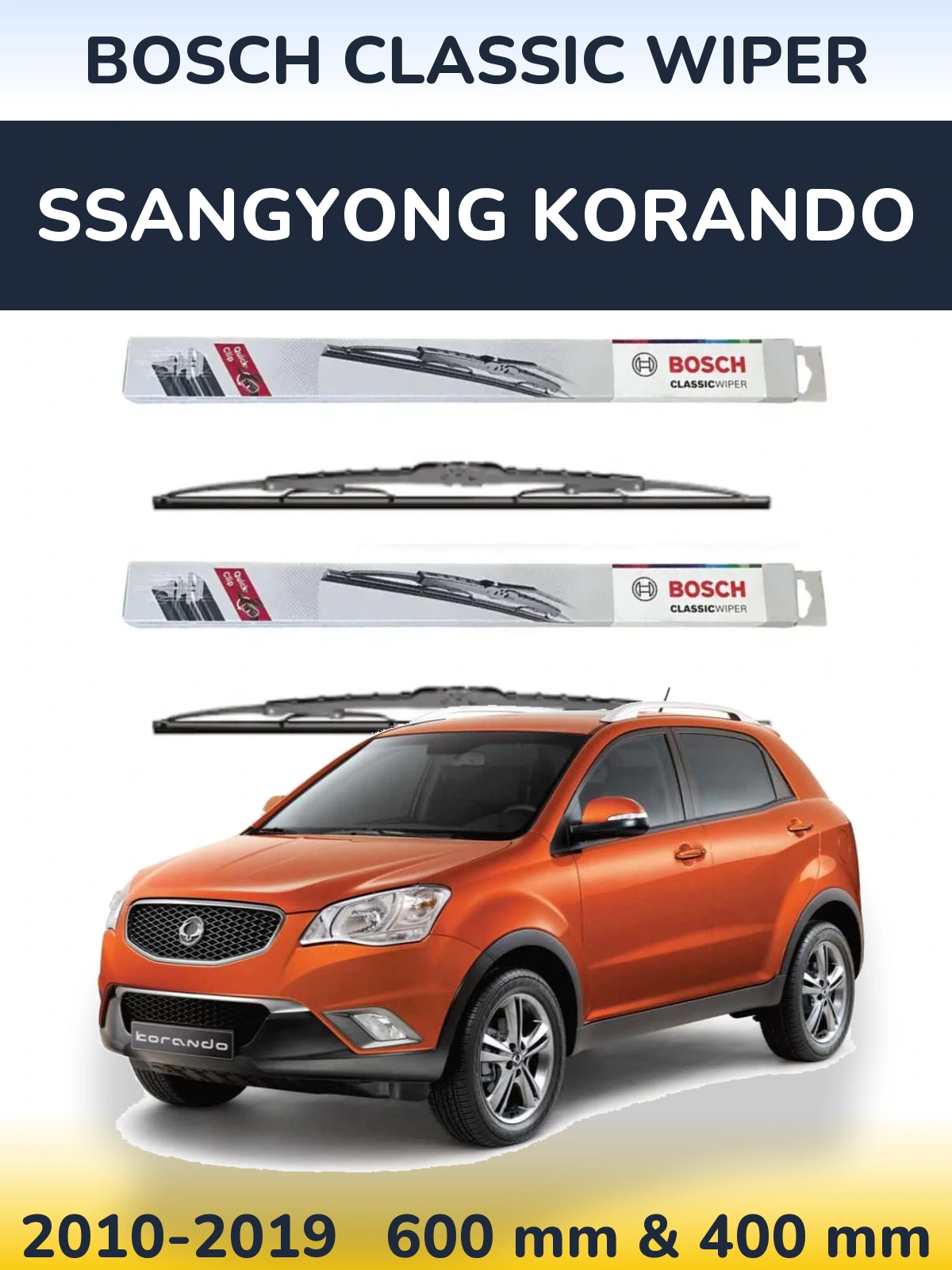 Front wiper blade set BOSCH Classic Wiper 600 & 400 mm for SsangYong Korando 2010-2019