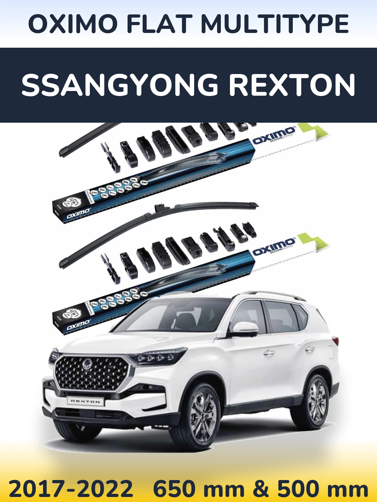 Front wiper blade set Oximo Flat MultiTipse 650 & 500 mm for SsangYong Rexton 2017-2022