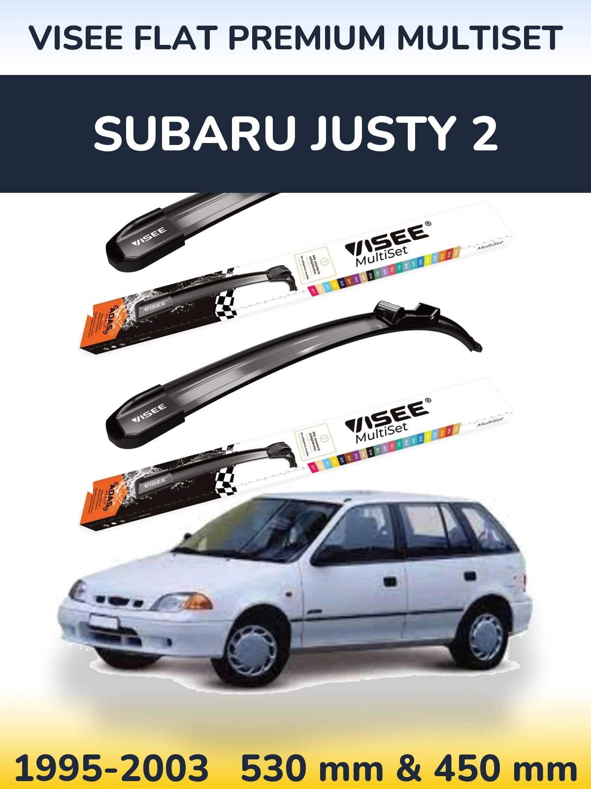 Front wiper blade set VISEE FLAT PREMIUM MultiSet 530 & 450 mm for Subaru Justy 2 1995-2003