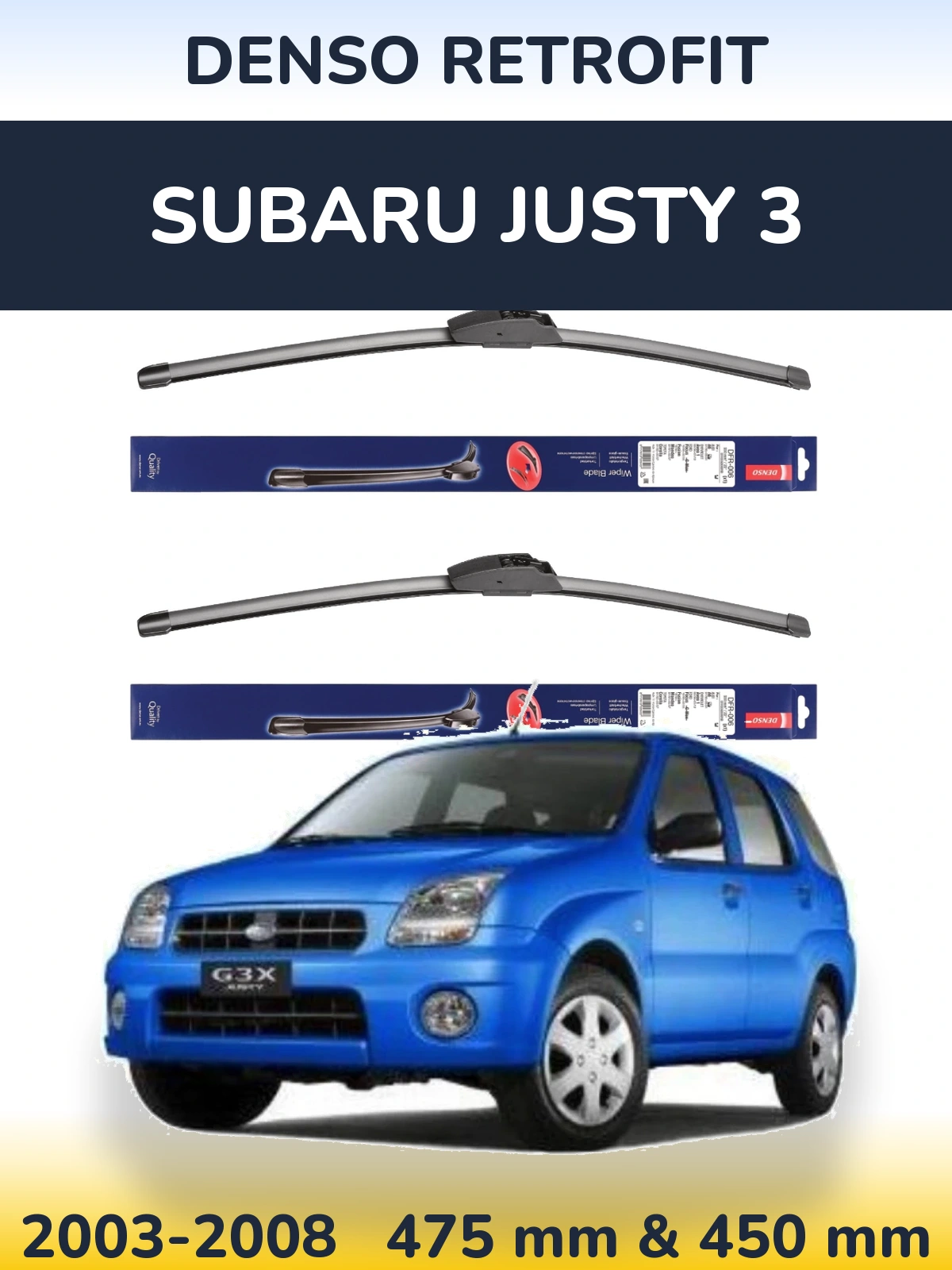 Front wiper blade set Denso Retrofit 475 & 450 mm for Subaru Justy 3 2003-2008