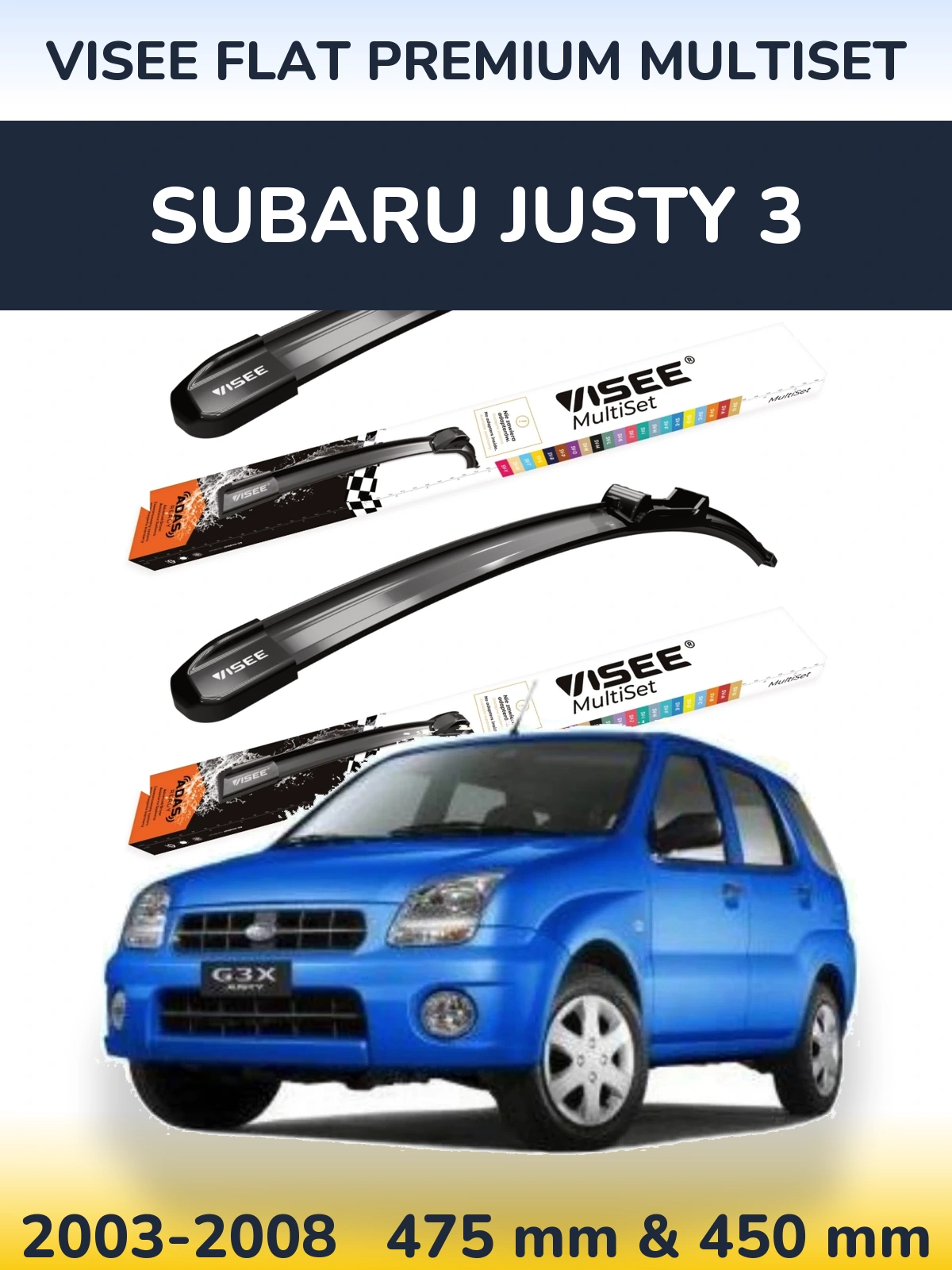 Front wiper blade set VISEE FLAT PREMIUM MultiSet 475 & 450 mm for Subaru Justy 3 2003-2008