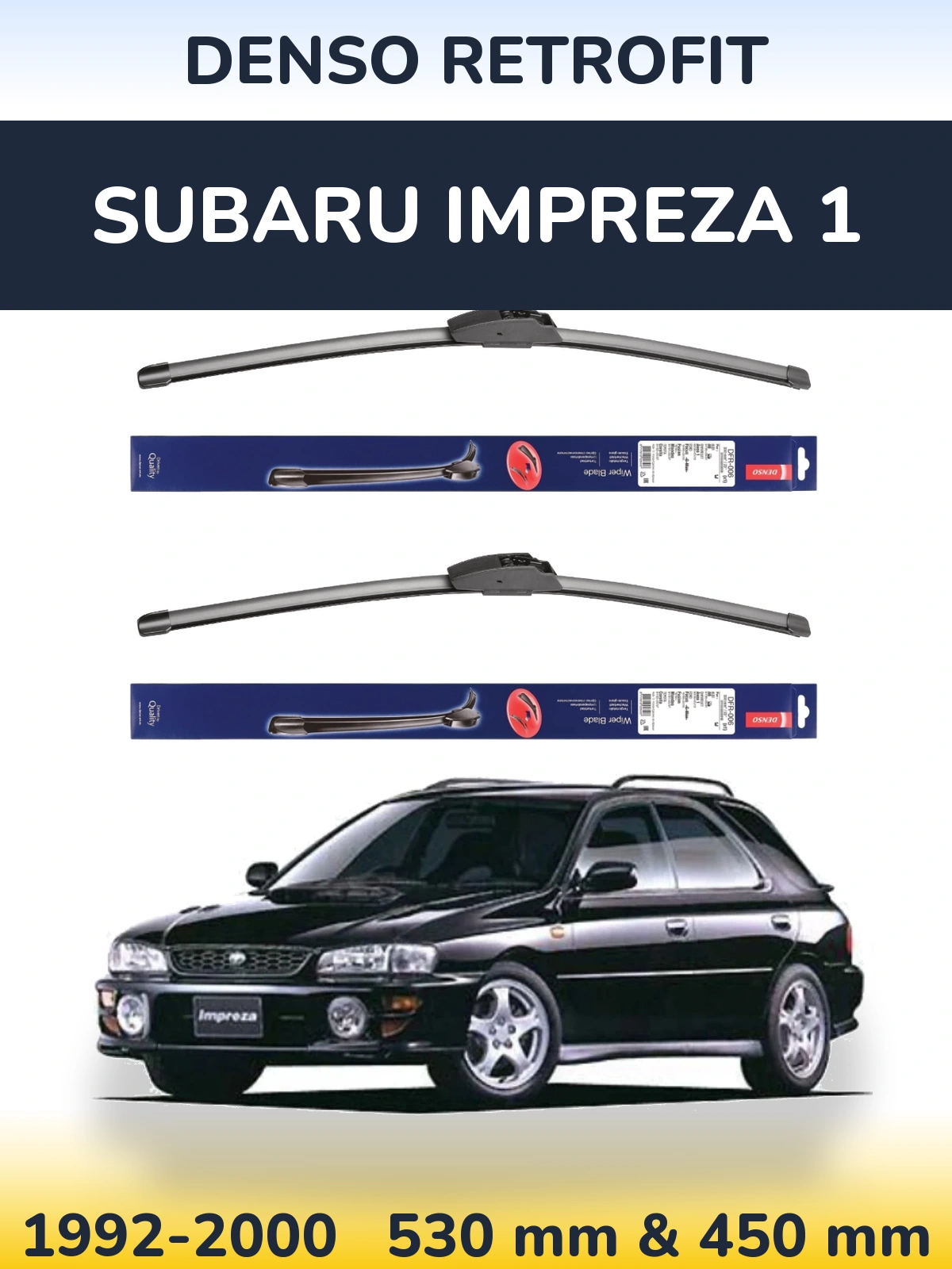 Front wiper blade set Denso Retrofit 530 & 450 mm for Subaru Impreza 1 1992-2000