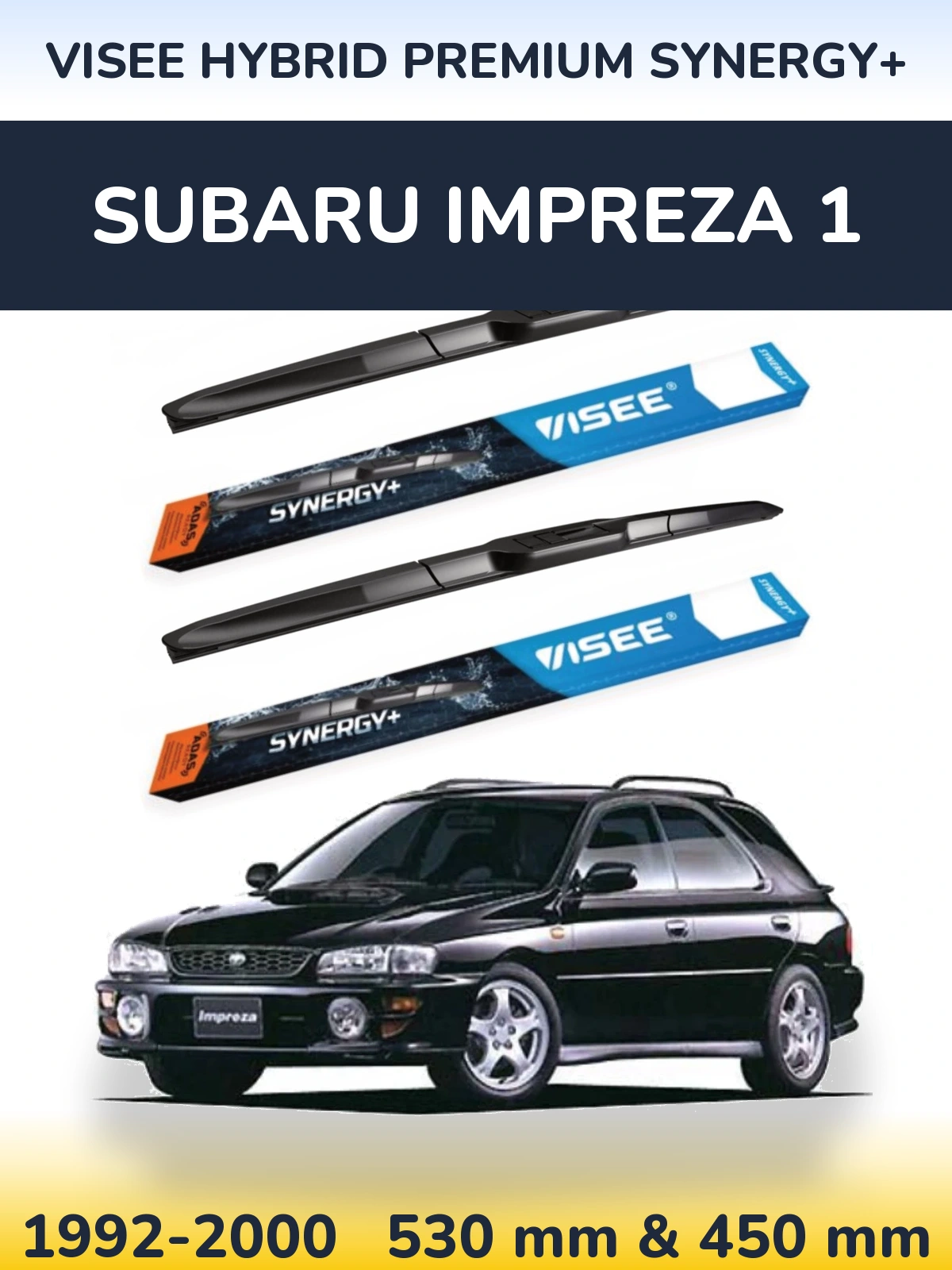 Front wiper blade set VISEE HYBRID PREMIUM SYNERGY+ 530 & 450 mm for Subaru Impreza 1 1992-2000