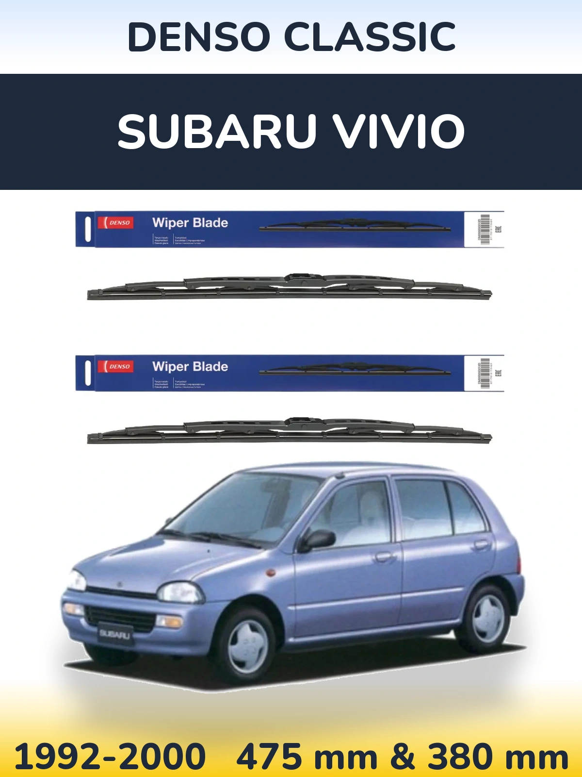 Front wiper blade set Denso Classic 475 & 380 mm for Subaru Vivio 1992-2000