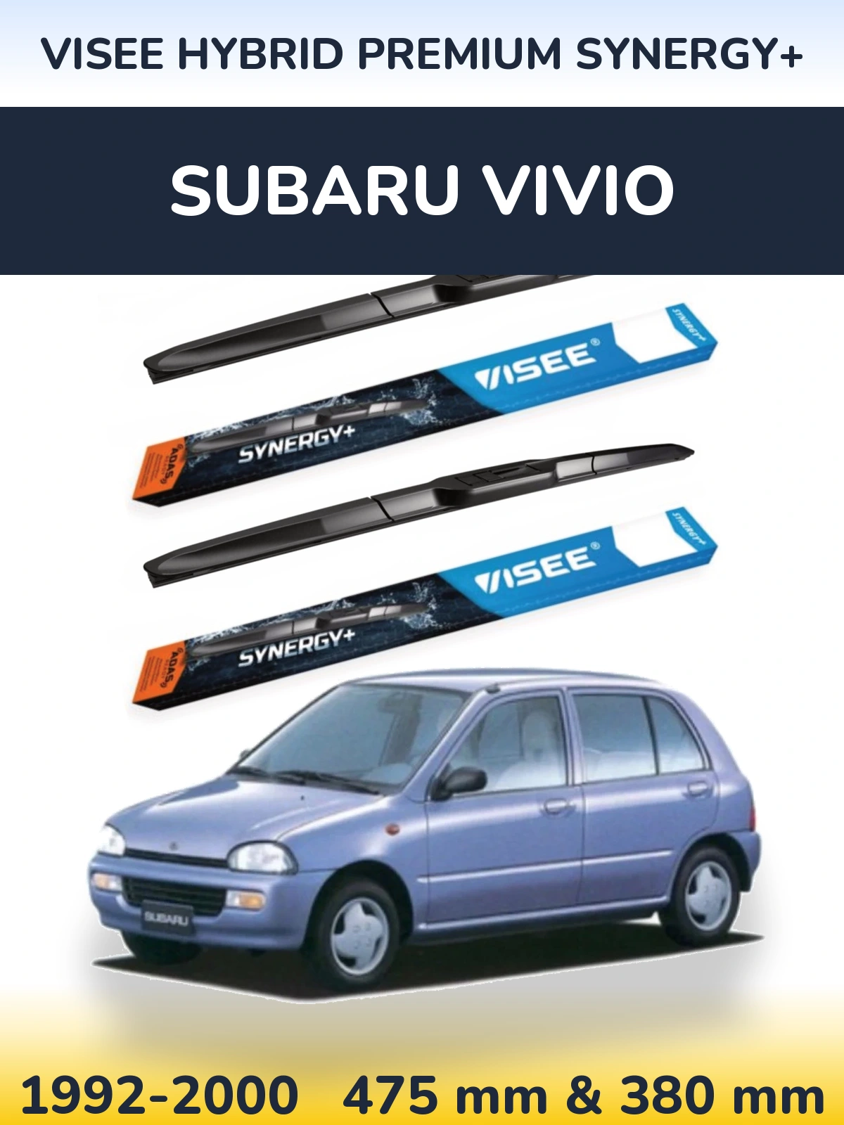 Front wiper blade set VISEE HYBRID PREMIUM SYNERGY+ 475 & 380 mm for Subaru Vivio 1992-2000