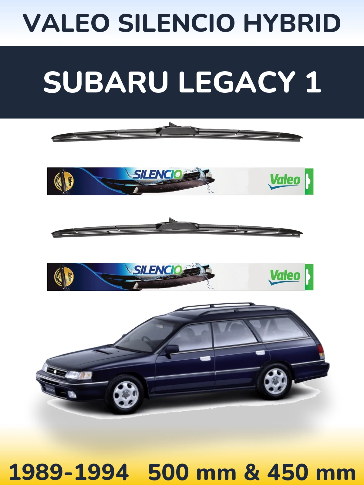 Front wiper blade set Valeo Silencio Hybrid 500 & 450 mm for Subaru Legacy 1 1989-1994
