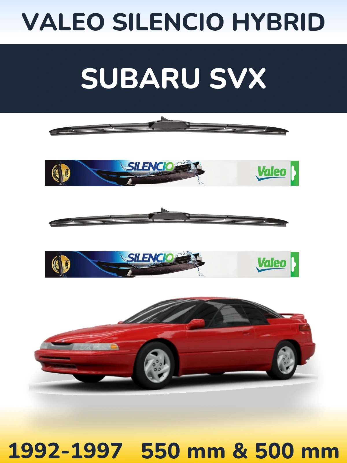 Front wiper blade set Valeo Silencio Hybrid 550 & 500 mm for Subaru SVX 1992-1997