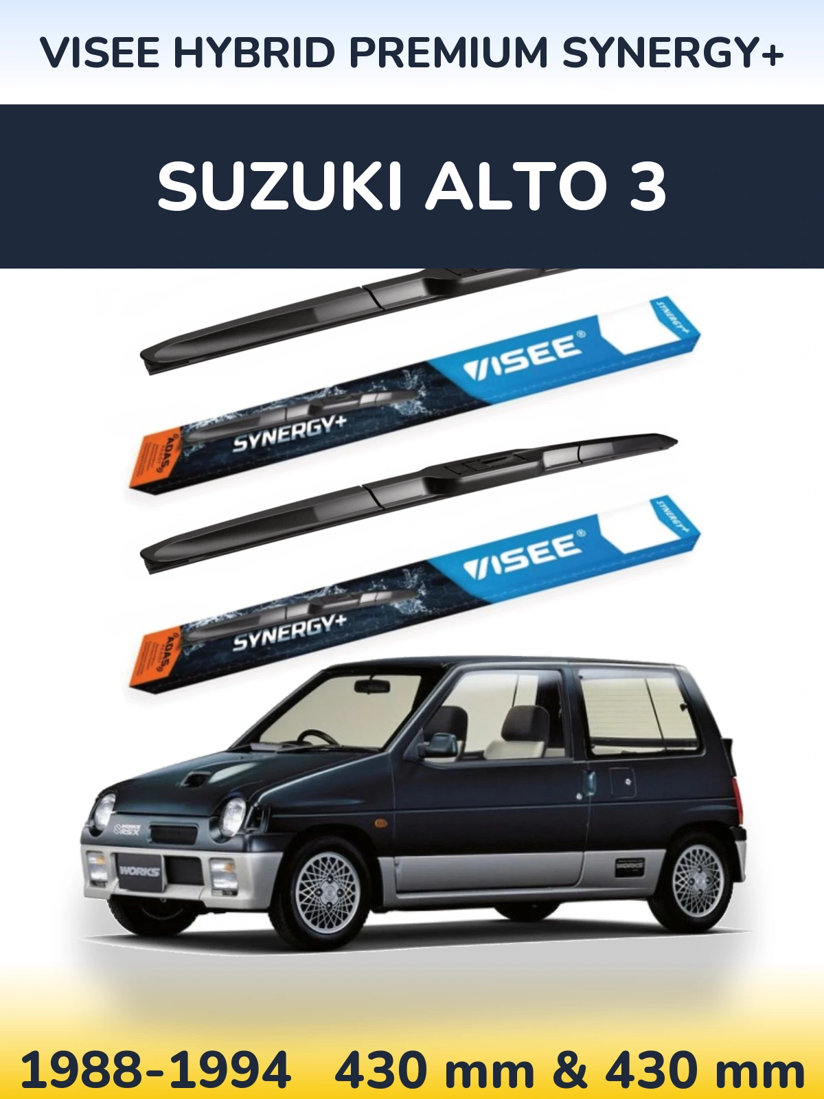 Front wiper blade set VISEE HYBRID PREMIUM SYNERGY+ 430 & 430 mm for Suzuki Alto 3 1988-1994