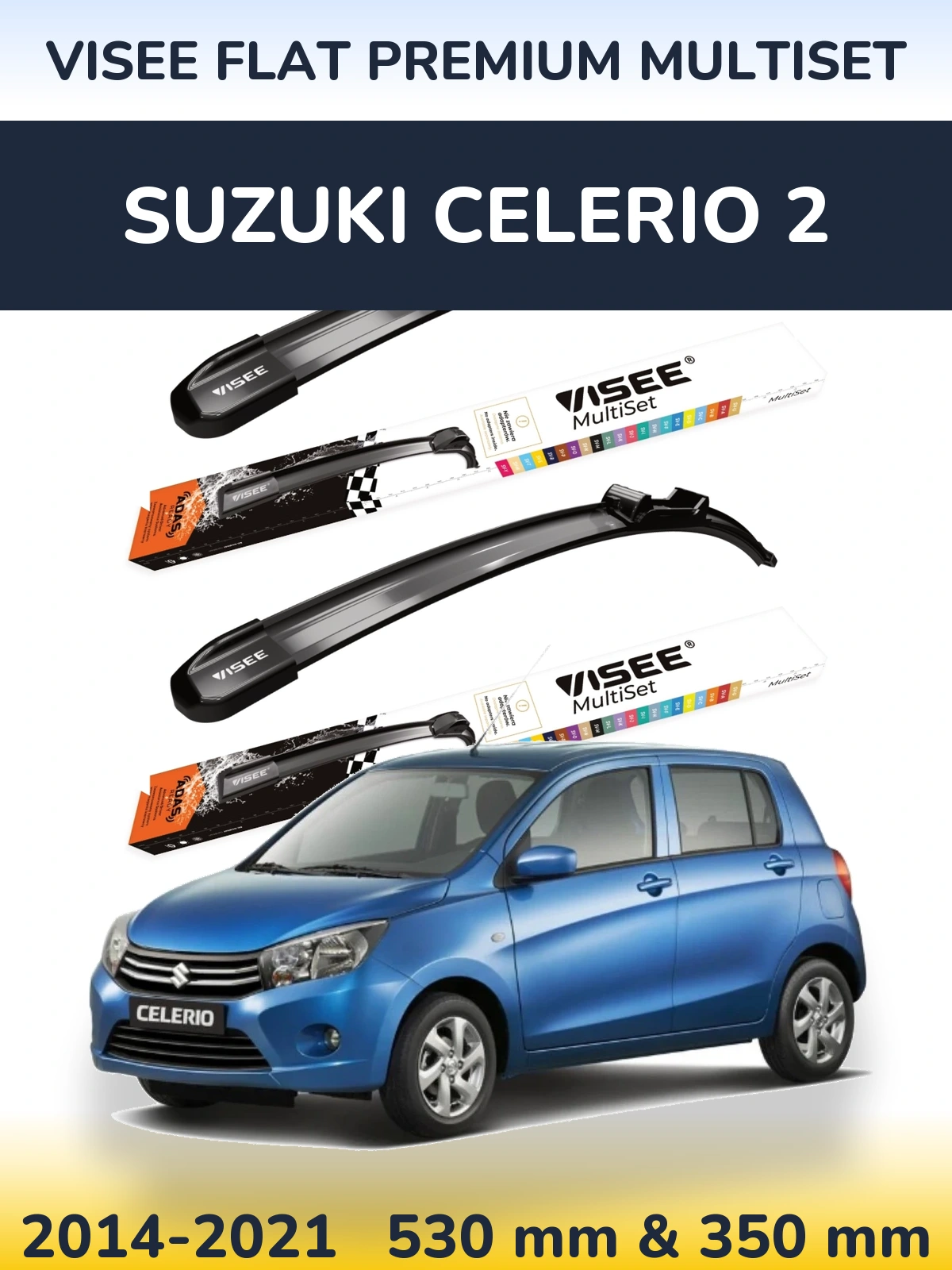 Front wiper blade set VISEE FLAT PREMIUM MultiSet 530 & 350 mm for Suzuki Celerio 2 2014-2021