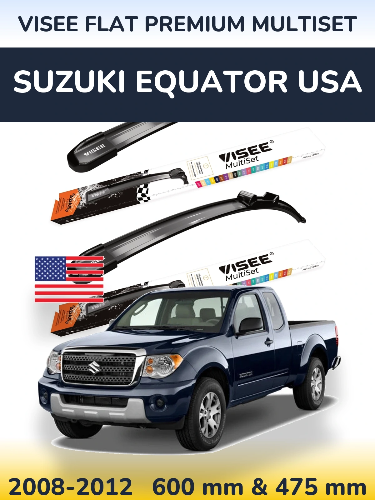 Комплект передніх щіток VISEE FLAT PREMIUM MultiSet 600 & 475 мм для Suzuki Equator USA 2008-2012