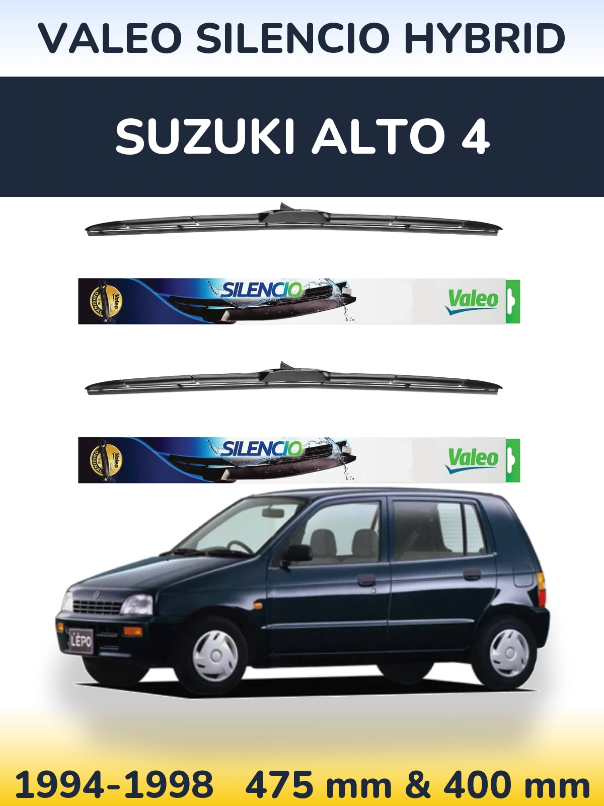 Front wiper blade set Valeo Silencio Hybrid 475 & 400 mm for Suzuki Alto 4 1994-1998