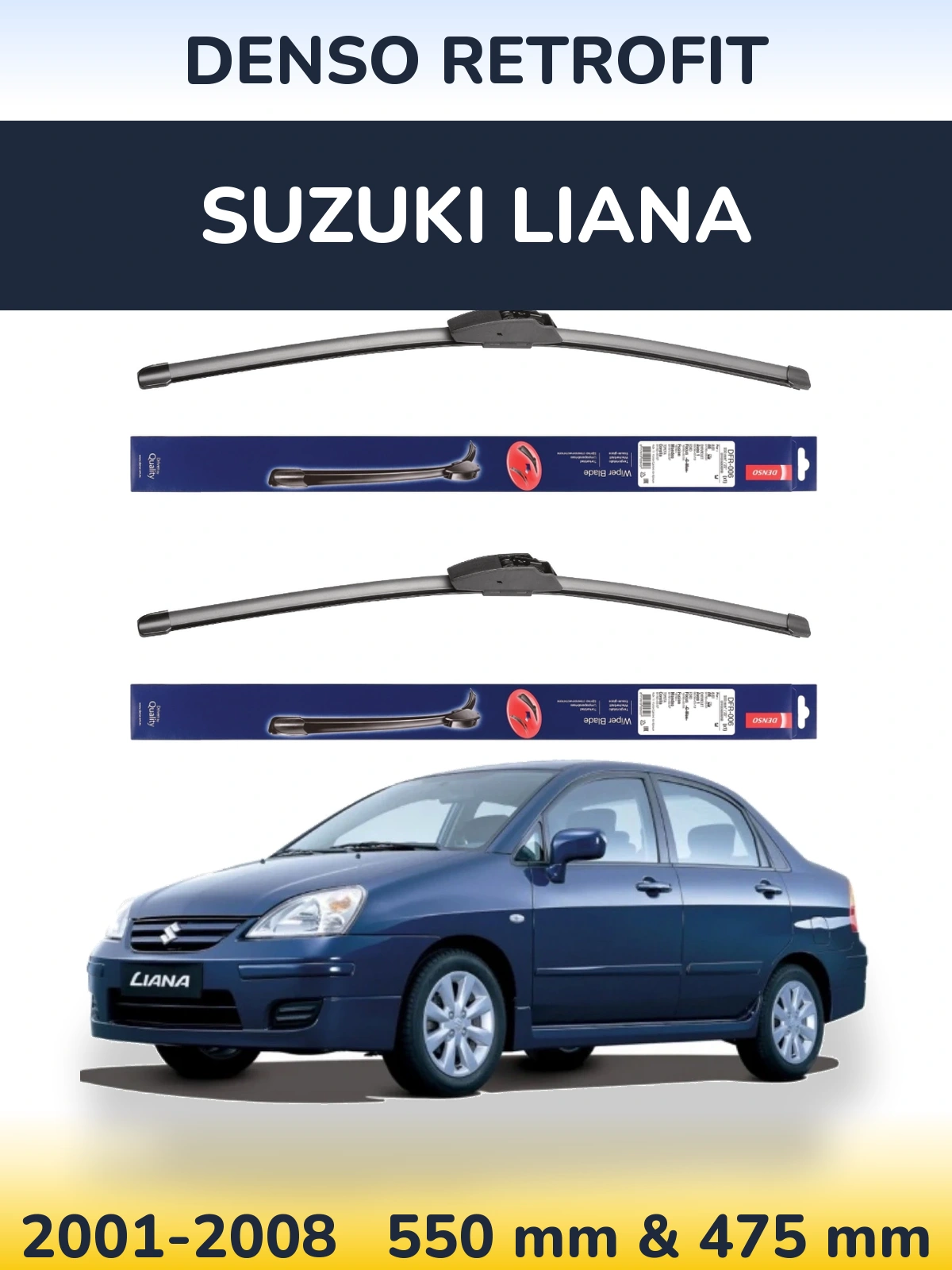 Front wiper blade set Denso Retrofit 550 & 475 mm for Suzuki Liana 2001-2008
