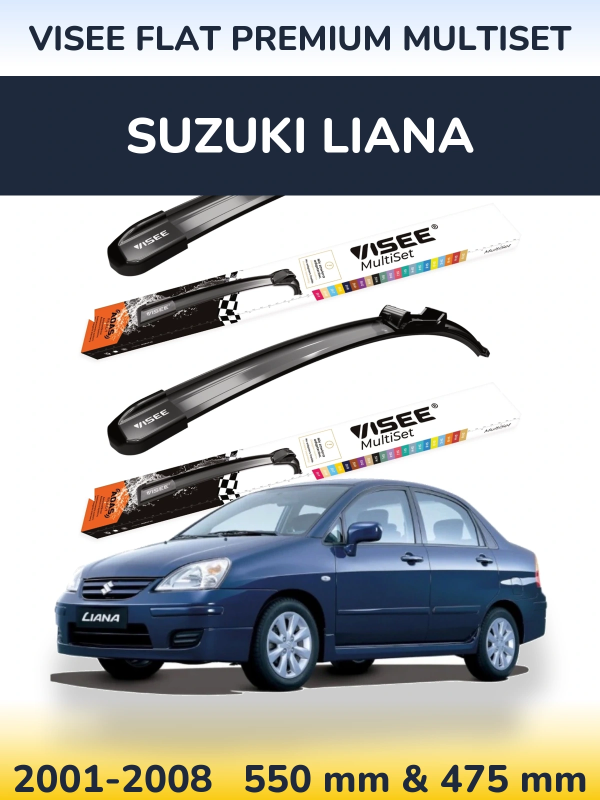 Front wiper blade set VISEE FLAT PREMIUM MultiSet 550 & 475 mm for Suzuki Liana 2001-2008