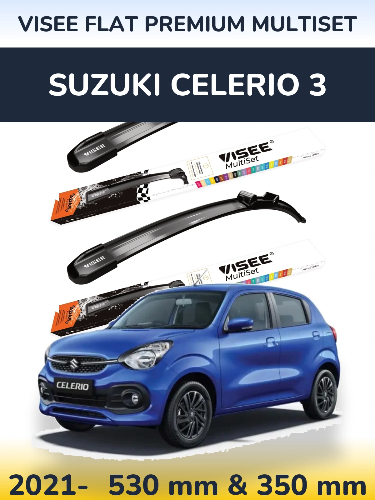 Front wiper blade set VISEE FLAT PREMIUM MultiSet 530 & 350 mm for Suzuki Celerio 3 2021-2026