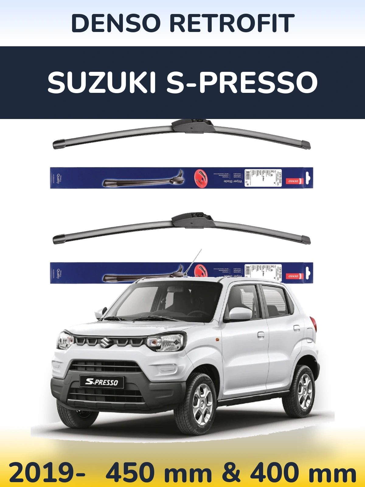Front wiper blade set Denso Retrofit 450 & 400 mm for Suzuki S-Presso 2019-2026
