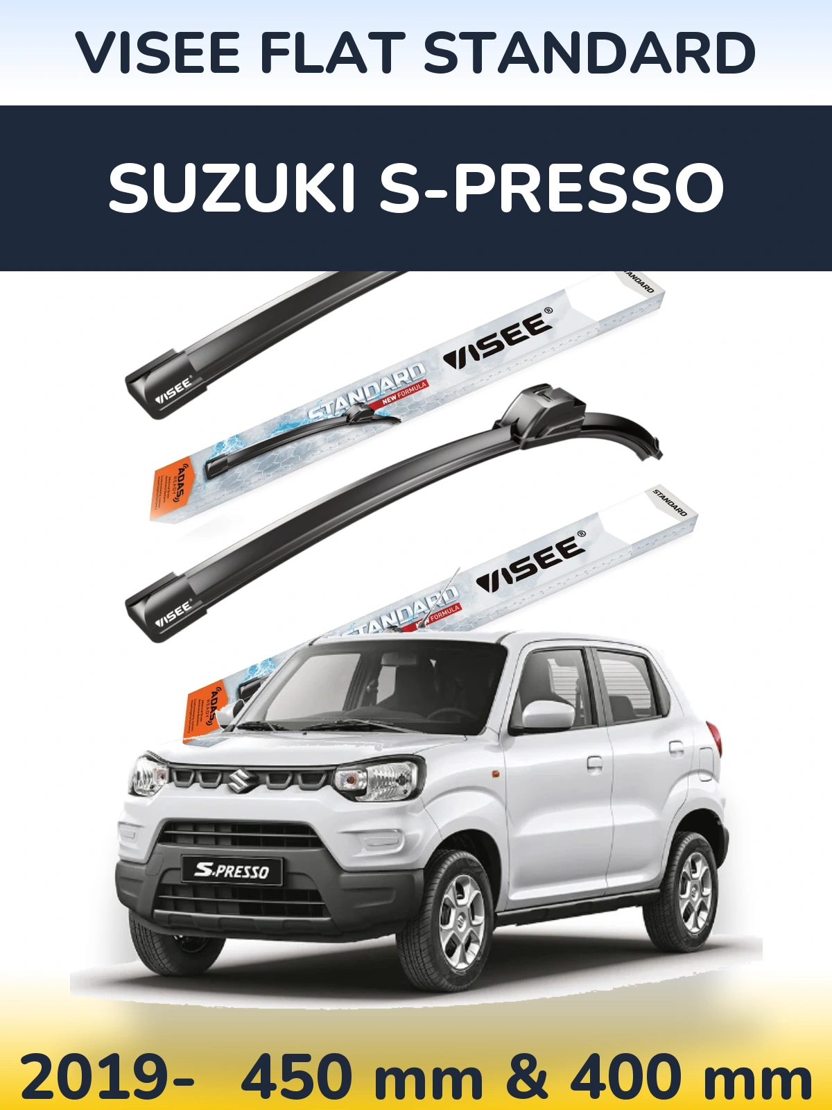 Комплект передніх щіток VISEE FLAT STANDARD 450 & 400 мм для Suzuki S-Presso 2019-2026