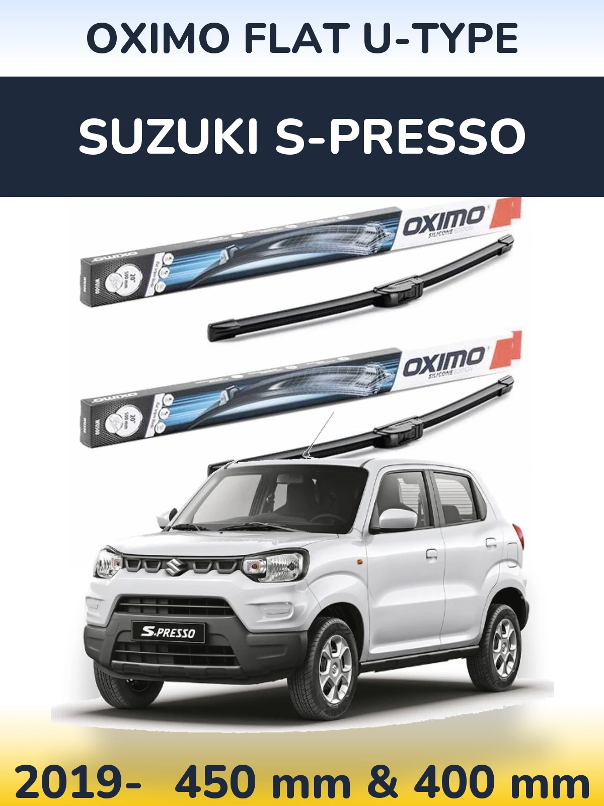 Front wiper blade set Oximo Flat U-type 450 & 400 mm for Suzuki S-Presso 2019-2026
