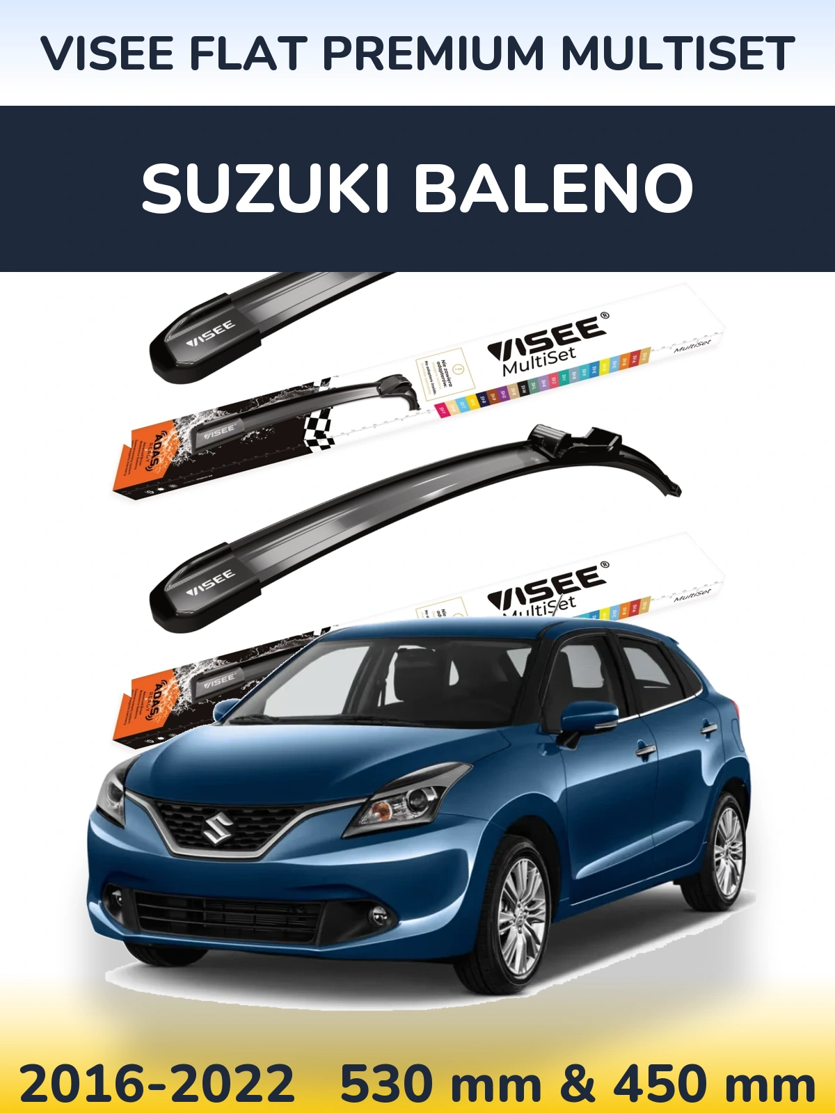 Комплект передних дворников VISEE FLAT PREMIUM MultiSet 530 & 450 мм для Suzuki Baleno 2016-2022