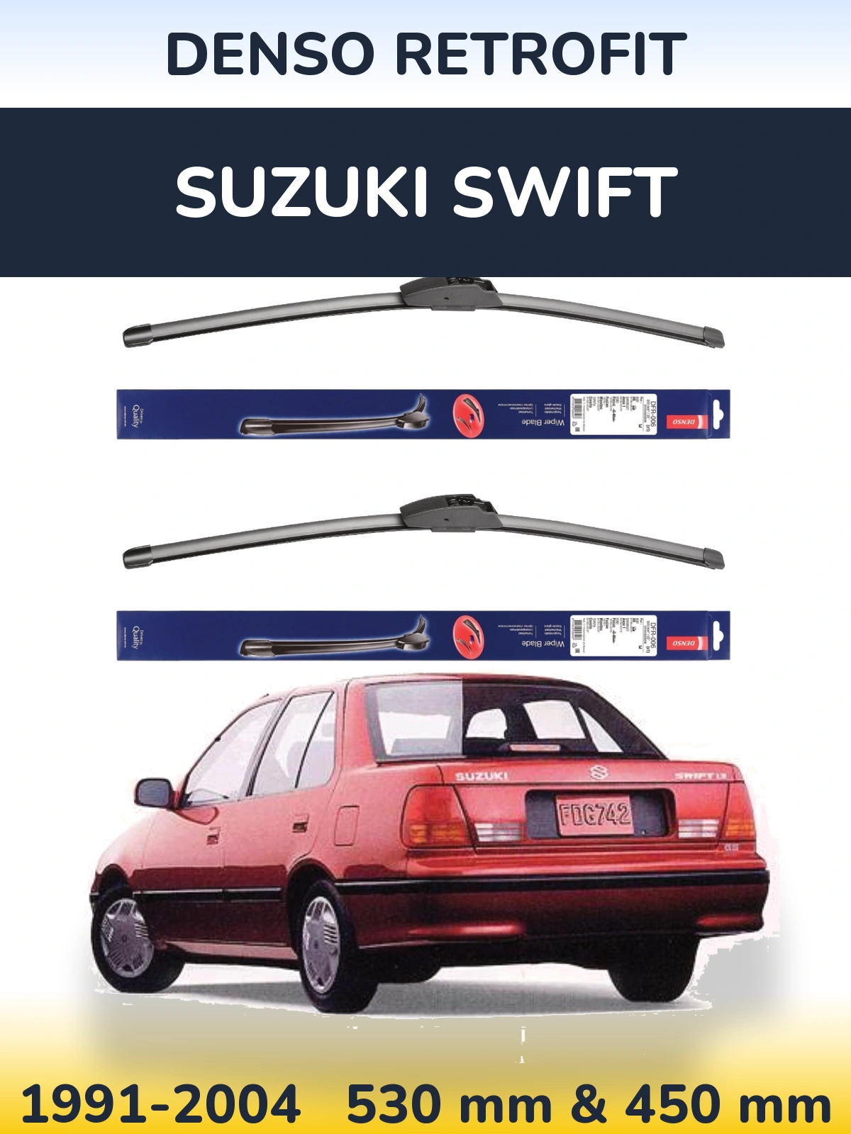 Front wiper blade set Denso Retrofit 530 & 450 mm for Suzuki Swift 1991-2004