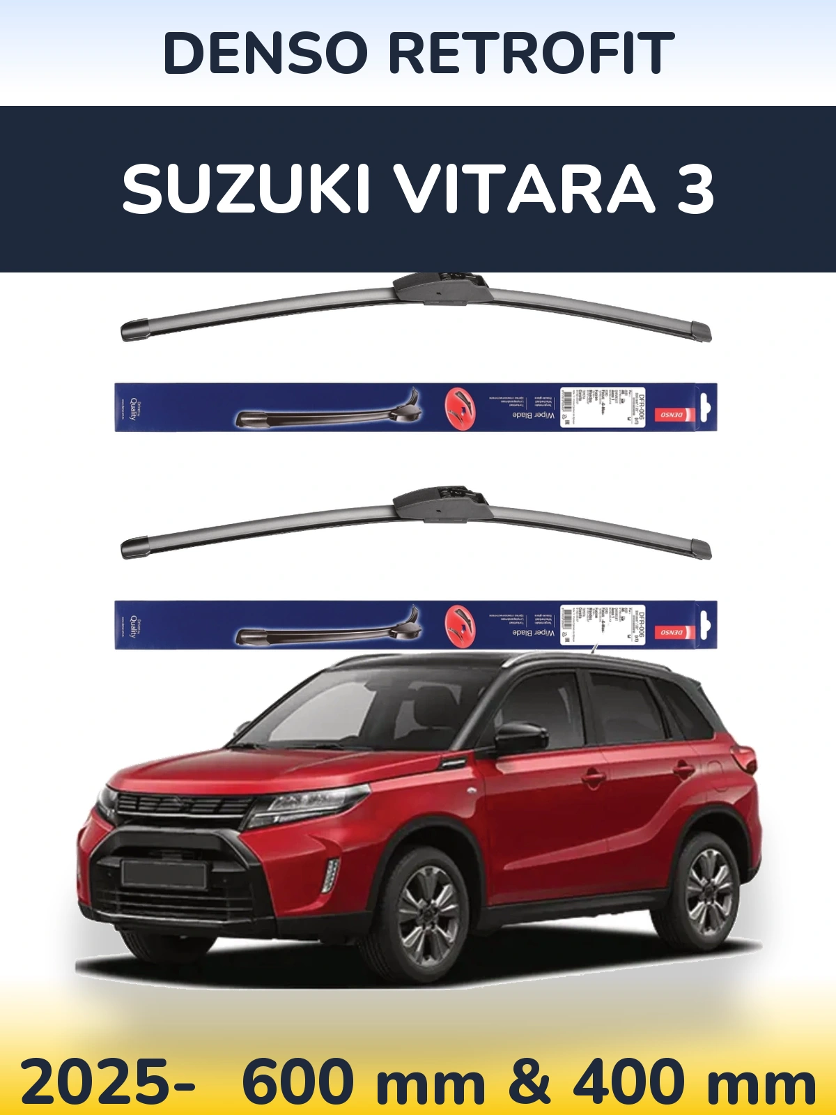 Front wiper blade set Denso Retrofit 600 & 400 mm for Suzuki Vitara 3 2025-2026