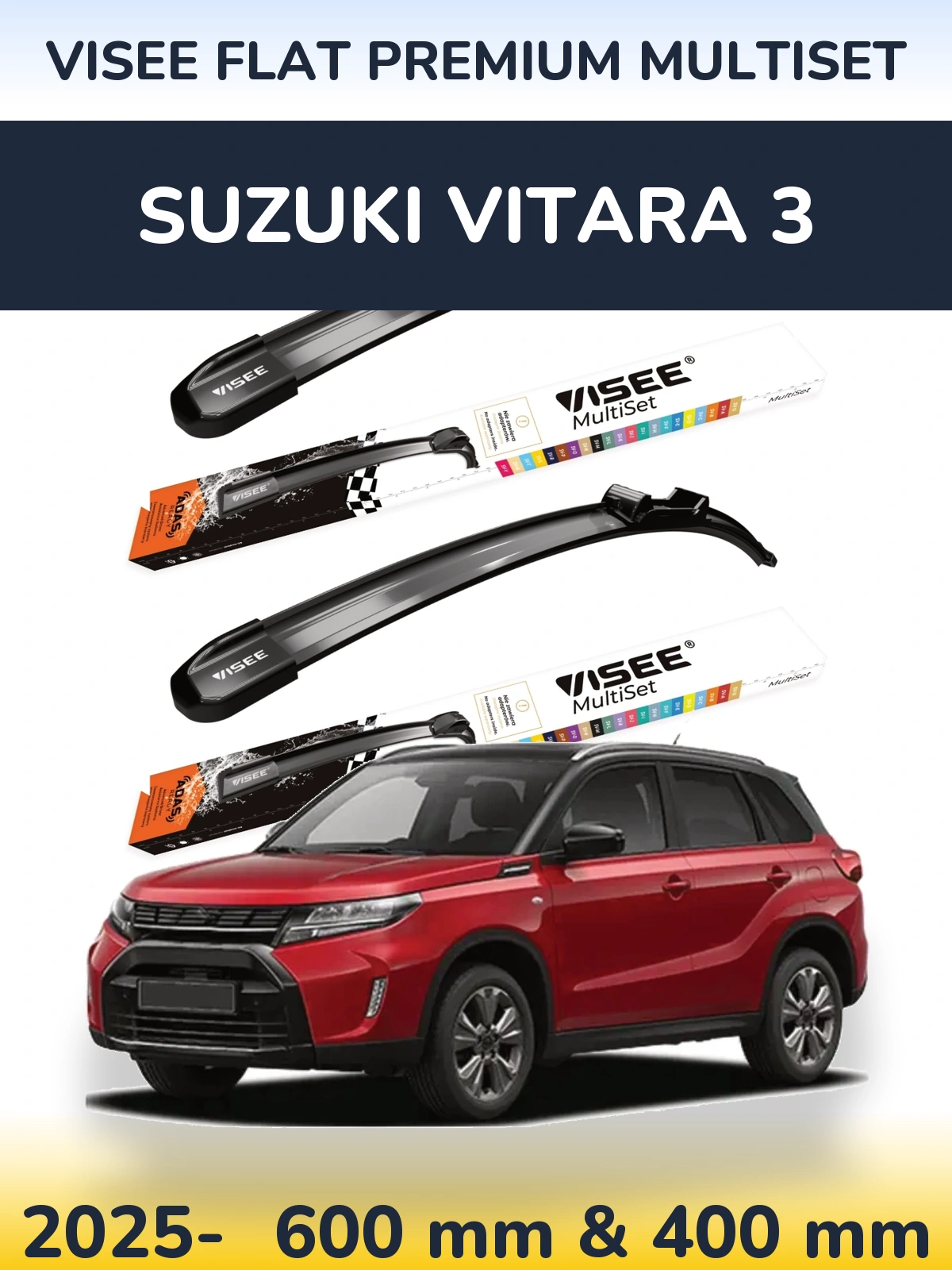 Комплект передних дворников VISEE FLAT PREMIUM MultiSet 600 & 400 мм для Suzuki Vitara 3 2025-2026