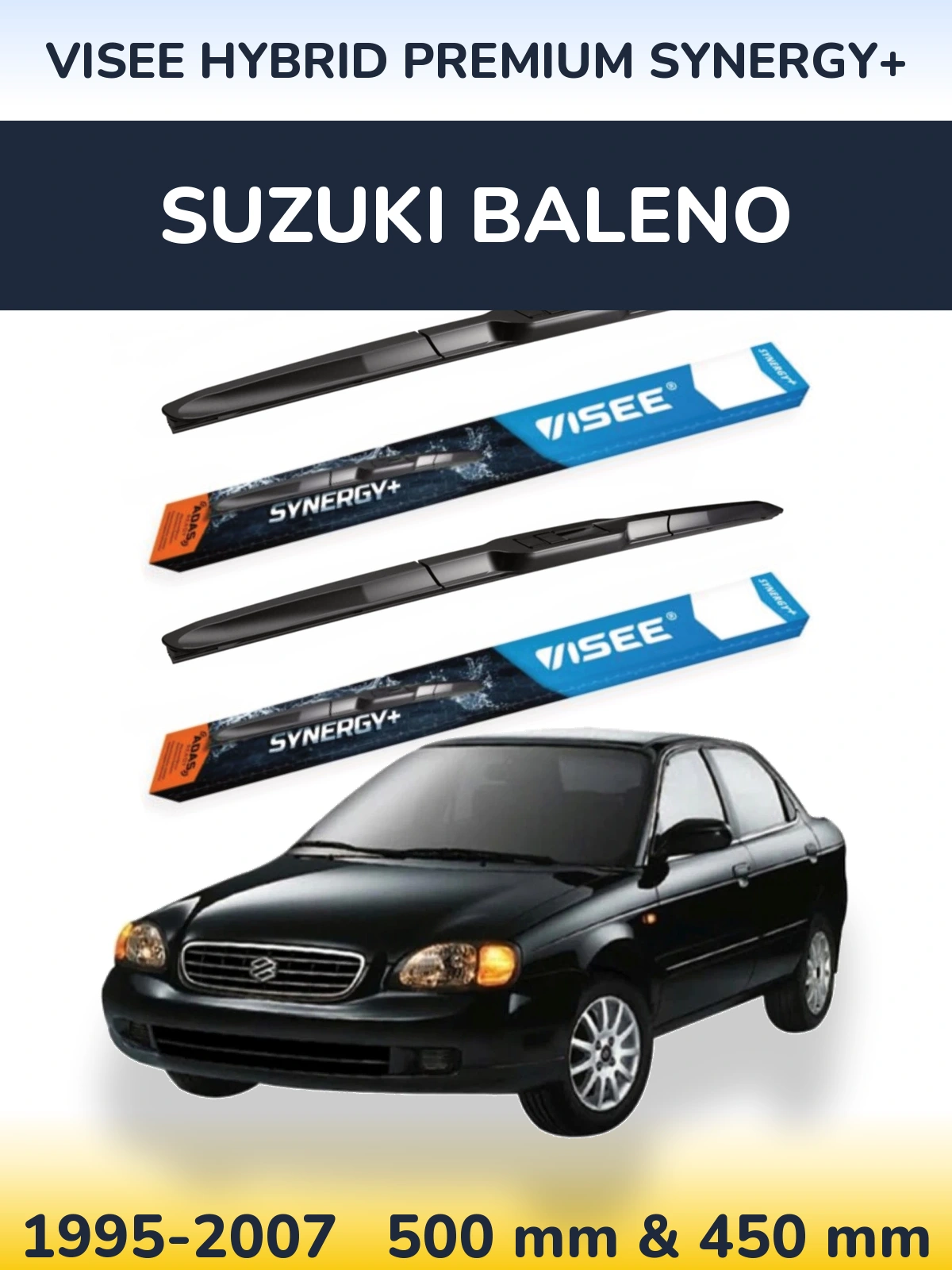 Front wiper blade set VISEE HYBRID PREMIUM SYNERGY+ 500 & 450 mm for Suzuki Baleno 1995-2007