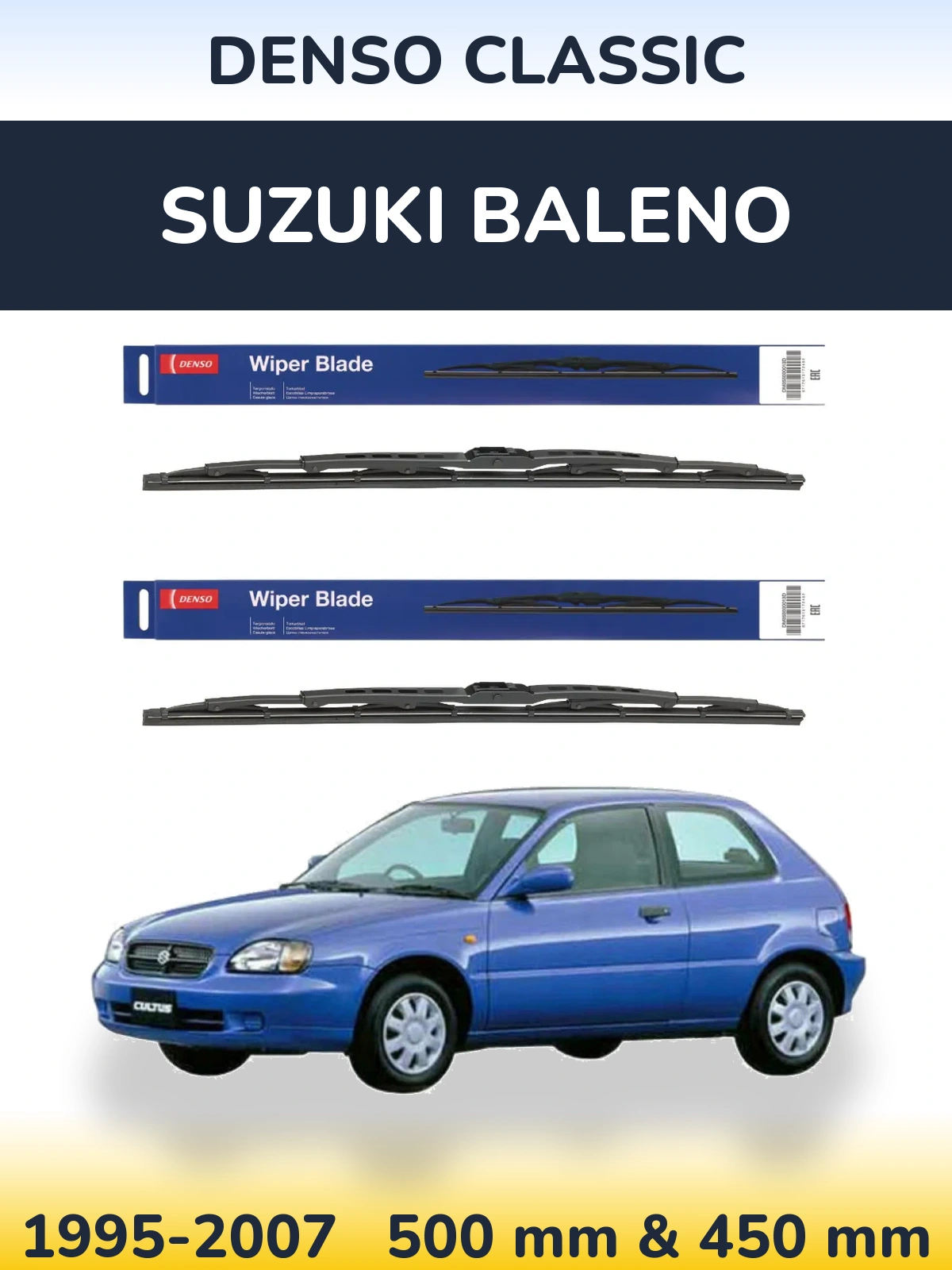 Front wiper blade set Denso Classic 500 & 450 mm for Suzuki Baleno 1995-2007