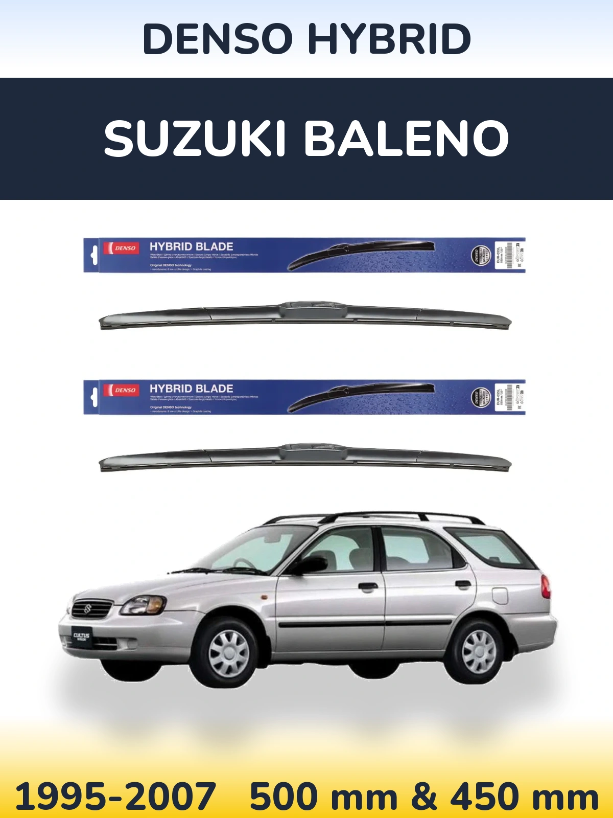 Front wiper blade set Denso Hybrid 500 & 450 mm for Suzuki Baleno 1995-2007