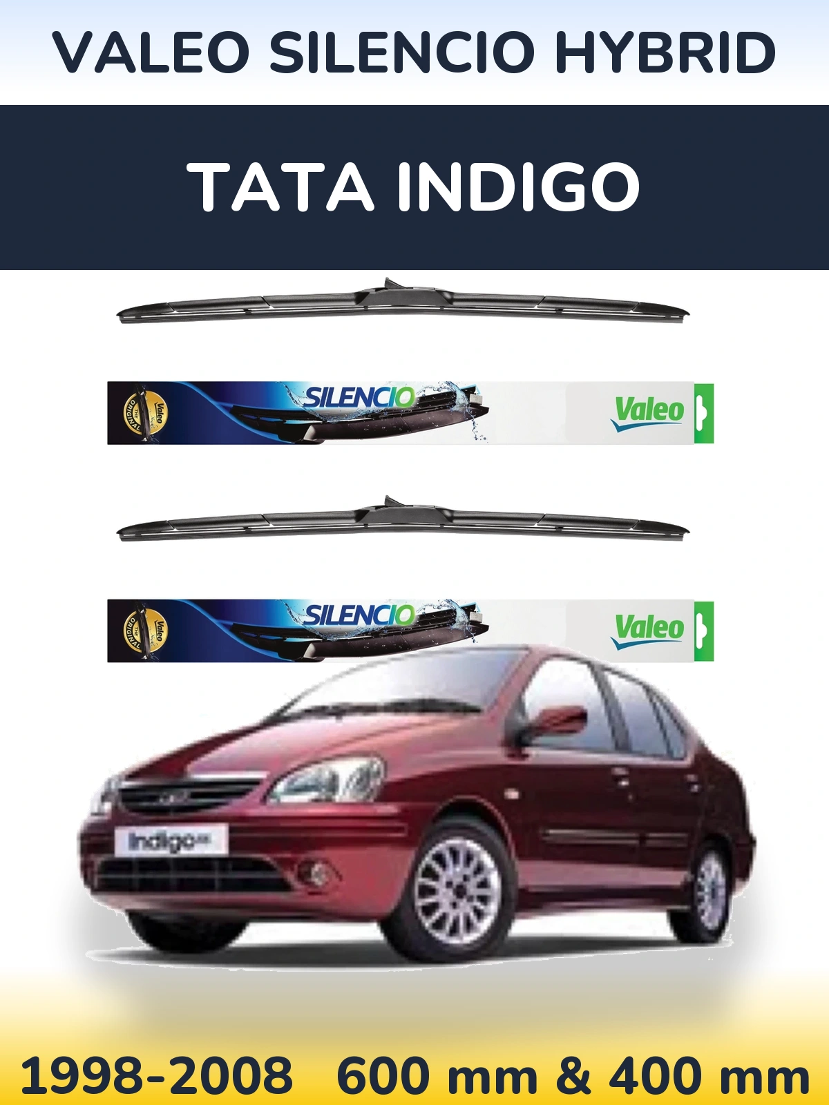 Front wiper blade set Valeo Silencio Hybrid 600 & 400 mm for Tata Indigo 1998-2008