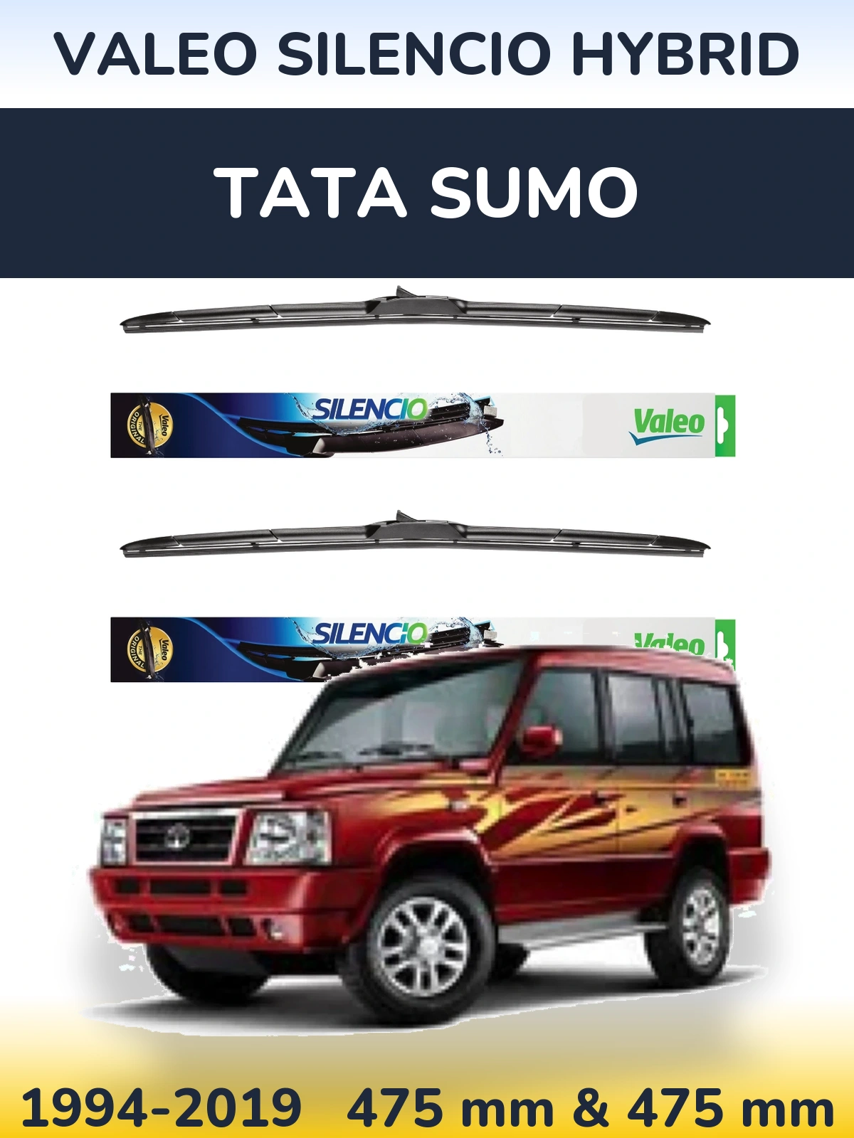 Комплект передних дворников Valeo Silencio Hybrid 475 & 475 мм для Tata Sumo 1994-2019