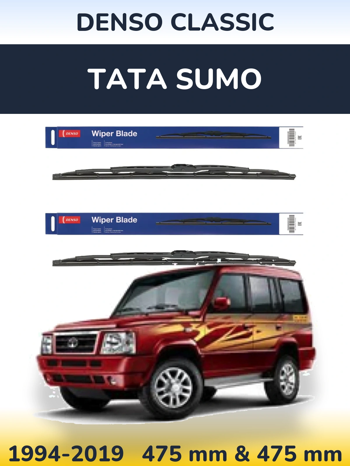 Front wiper blade set Denso Classic 475 & 475 mm for Tata Sumo 1994-2019