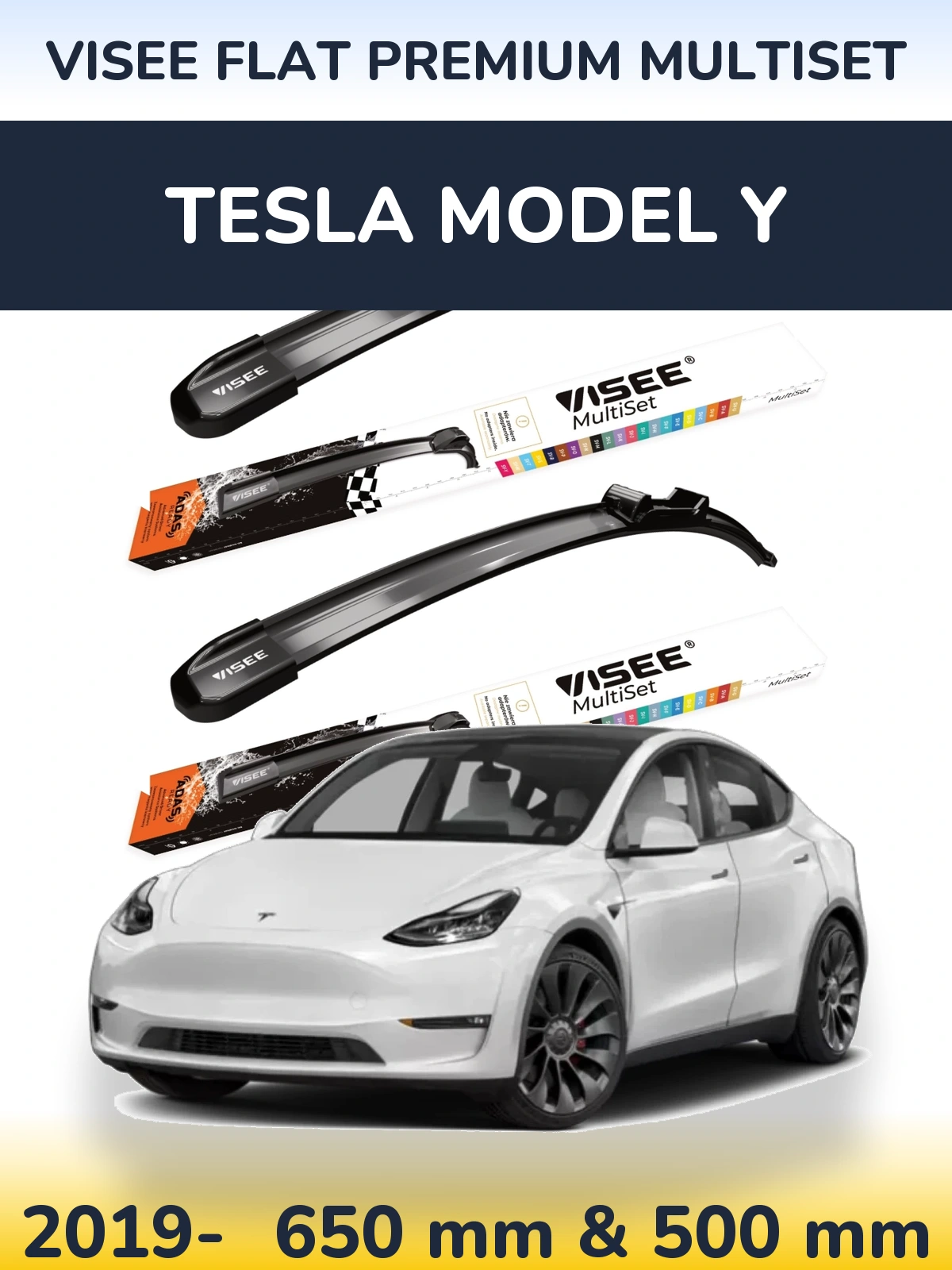 Front wiper blade set VISEE FLAT PREMIUM MultiSet 650 & 500 mm for Tesla Modelis Y 2019-2026