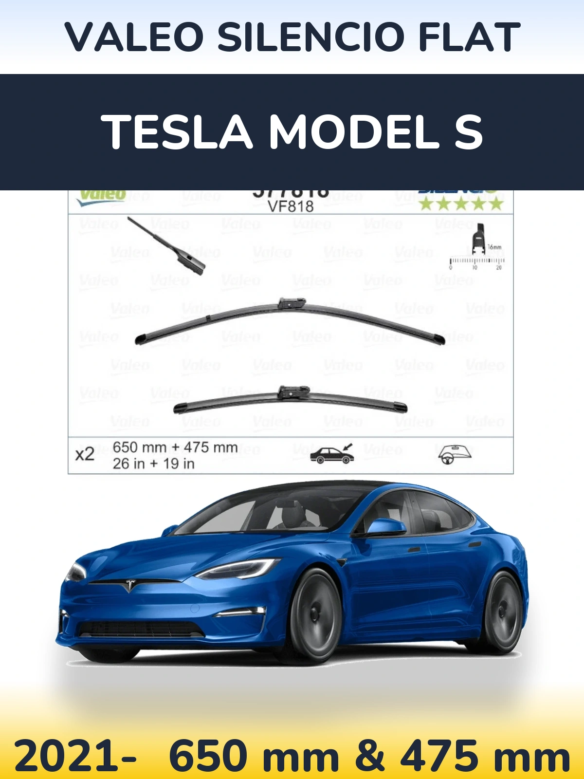 Front wiper blade set Valeo Silencio Flat 650 & 475 mm for Tesla Modelis S 2021-2026