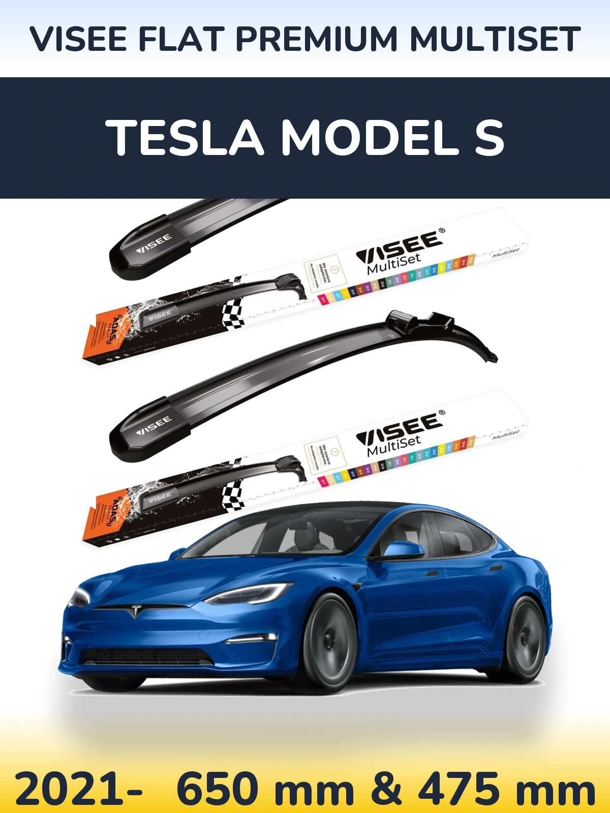 Front wiper blade set VISEE FLAT PREMIUM MultiSet 650 & 475 mm for Tesla Modelis S 2021-2026