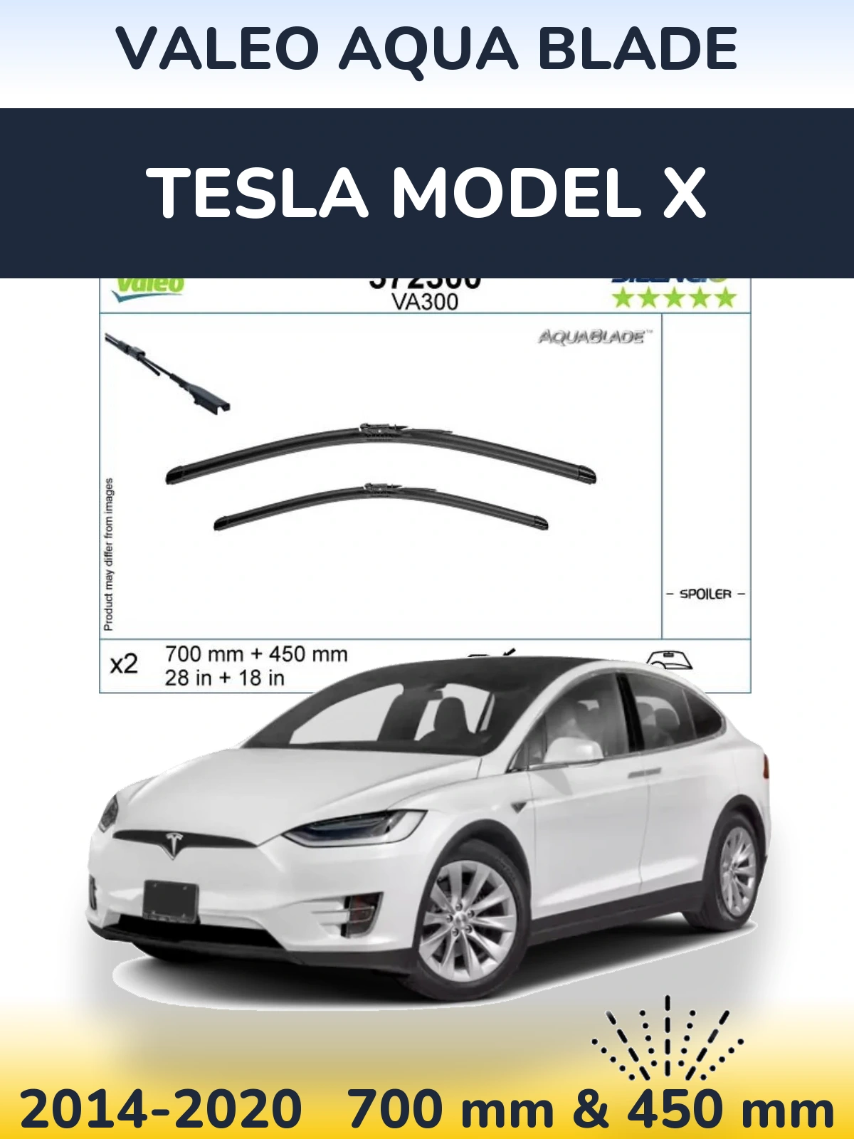 Front wiper blade set Valeo Aqua Blade 700 & 450 mm for Tesla Modelis X 2014-2020