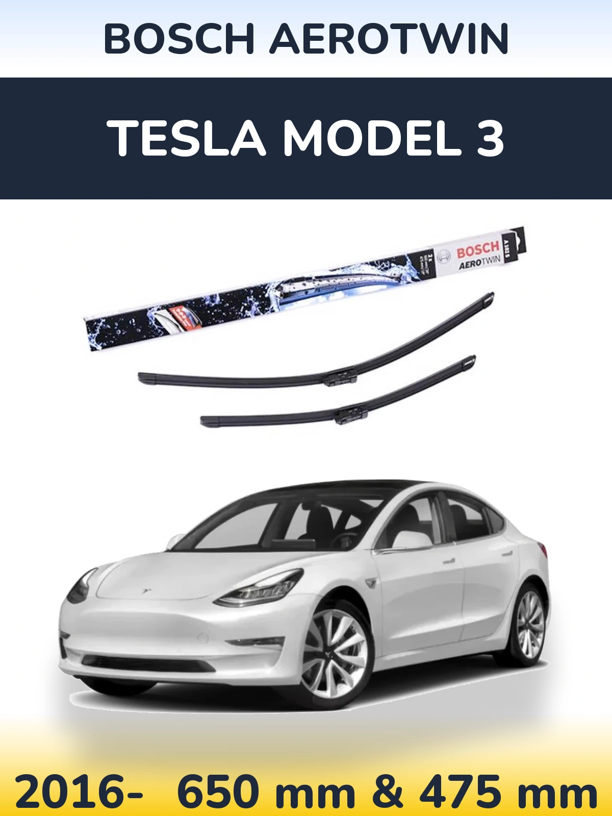 Front wiper blade set BOSCH AeroTwin 650 & 475 mm for Tesla Modelis 3 2016-2026