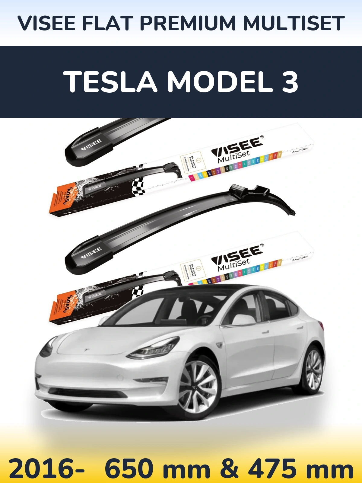 Front wiper blade set VISEE FLAT PREMIUM MultiSet 650 & 475 mm for Tesla Modelis 3 2016-2026