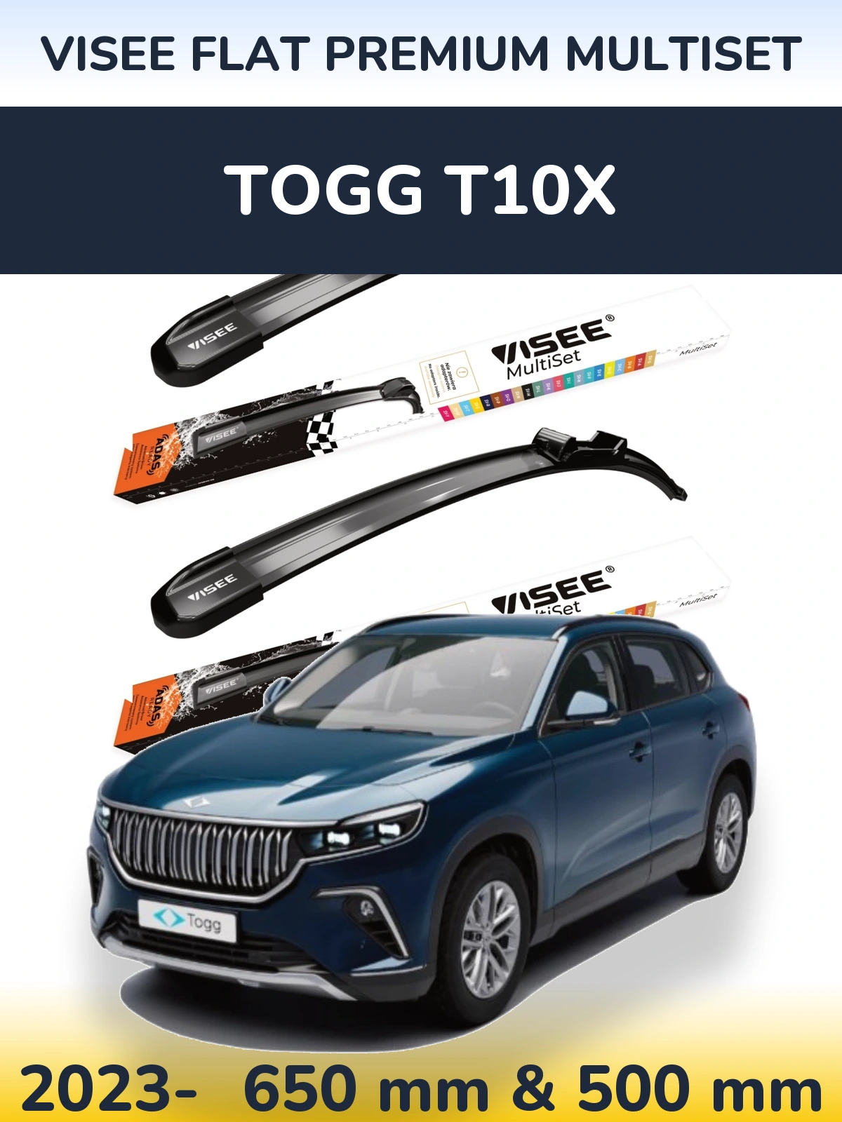 Front wiper blade set VISEE FLAT PREMIUM MultiSet 650 & 500 mm for TOGG T10X 2023-2026