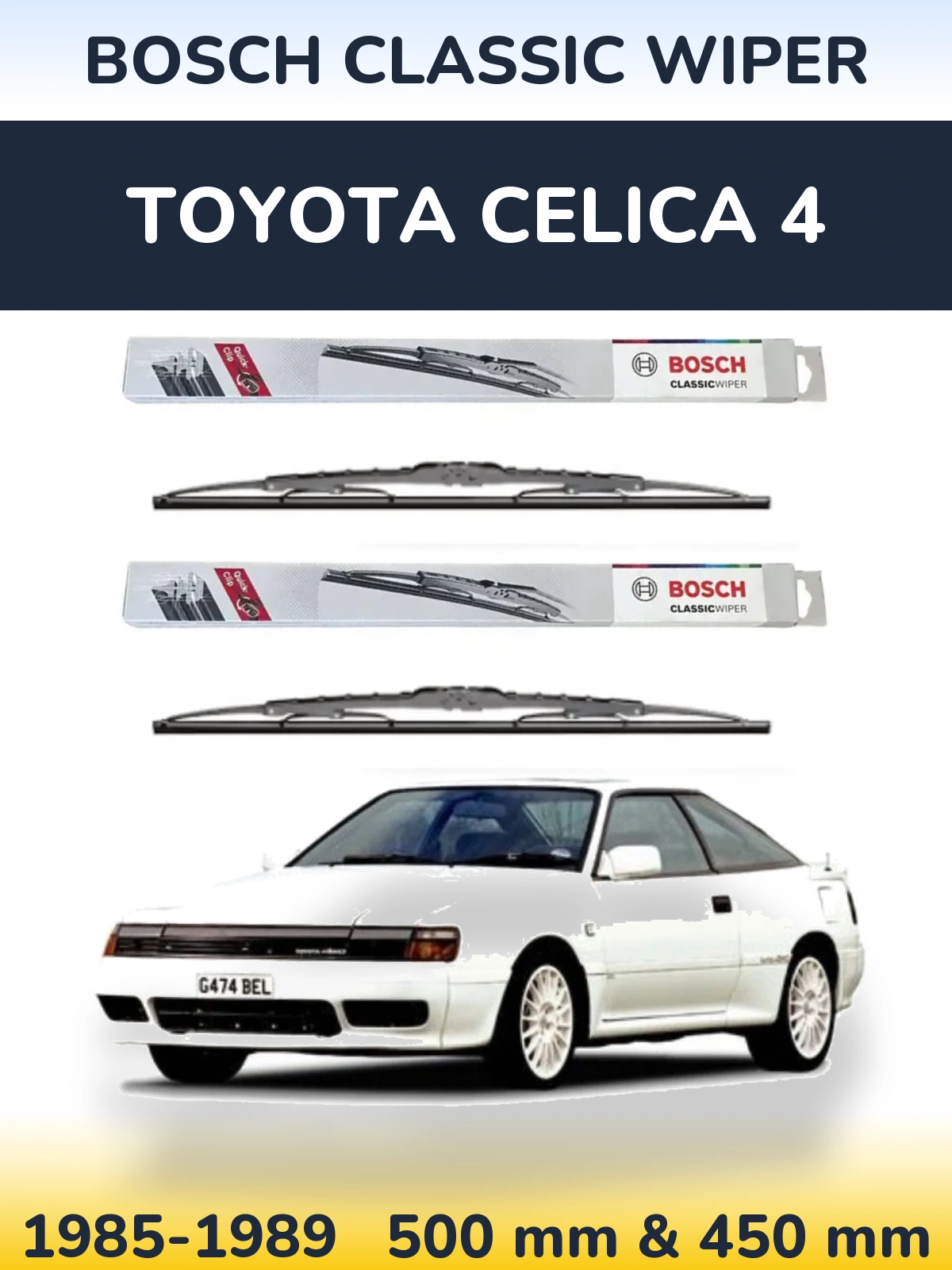 Front wiper blade set BOSCH Classic Wiper 500 & 450 mm for Toyota Celica 4 1985-1989