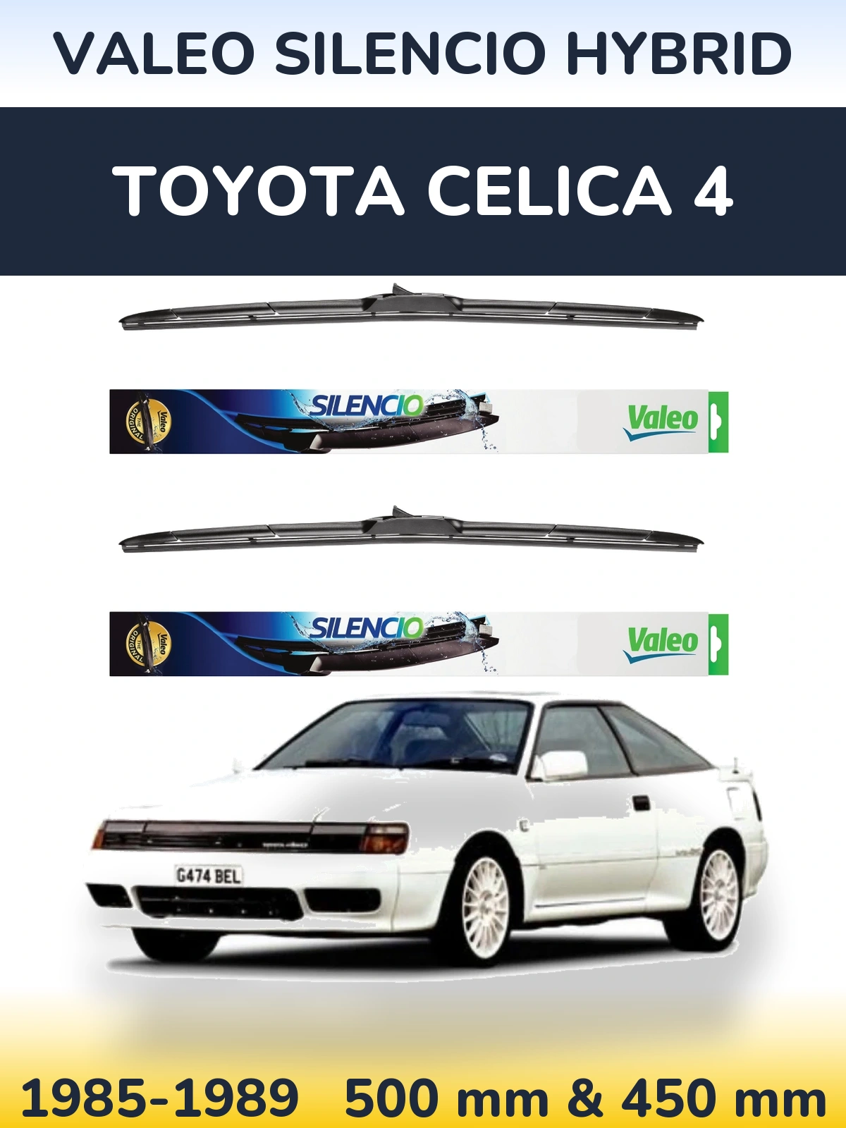 Front wiper blade set Valeo Silencio Hybrid 500 & 450 mm for Toyota Celica 4 1985-1989