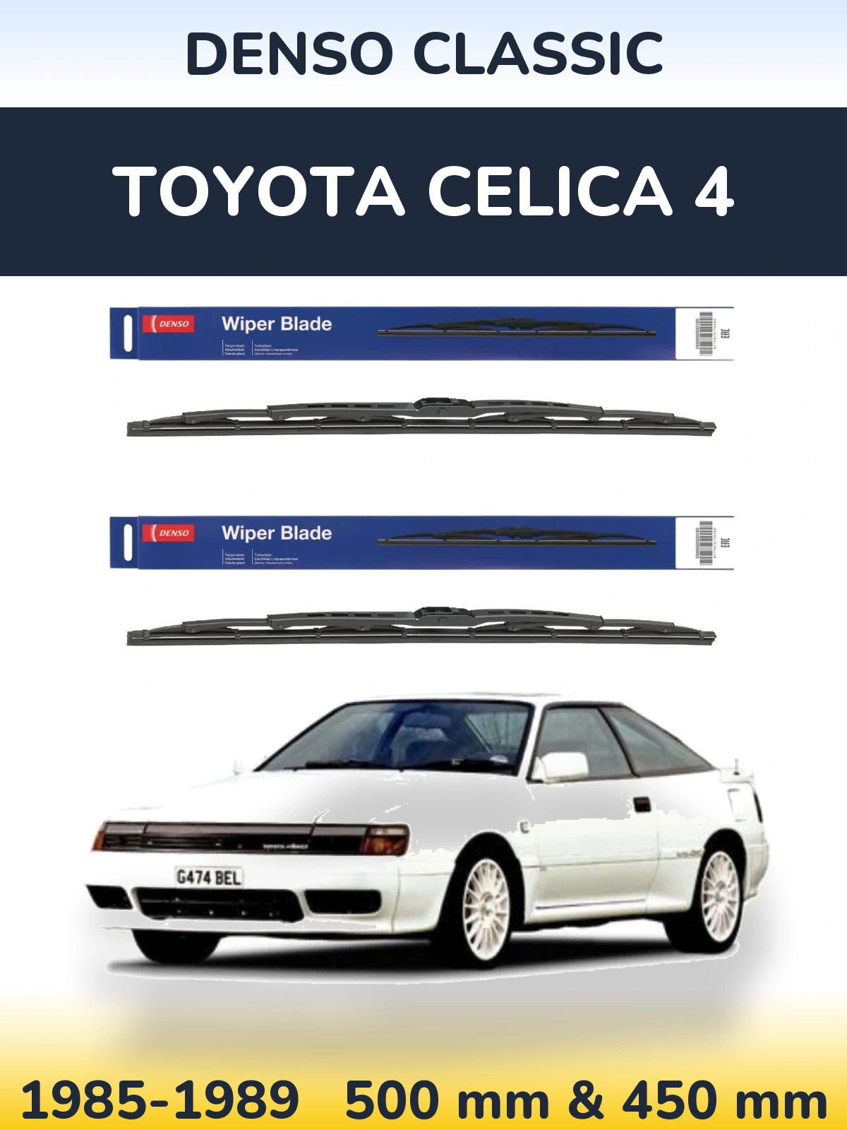 Front wiper blade set Denso Classic 500 & 450 mm for Toyota Celica 4 1985-1989