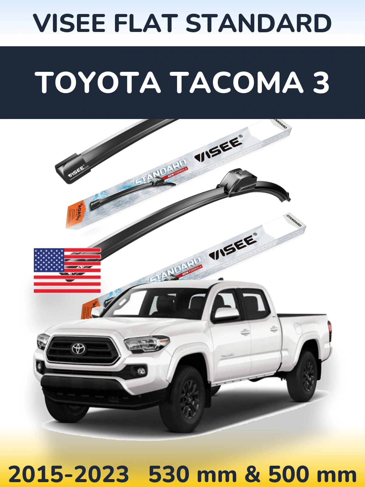 Front wiper blade set VISEE FLAT STANDARD 530 & 500 mm for Toyota Tacoma 3 2015-2023