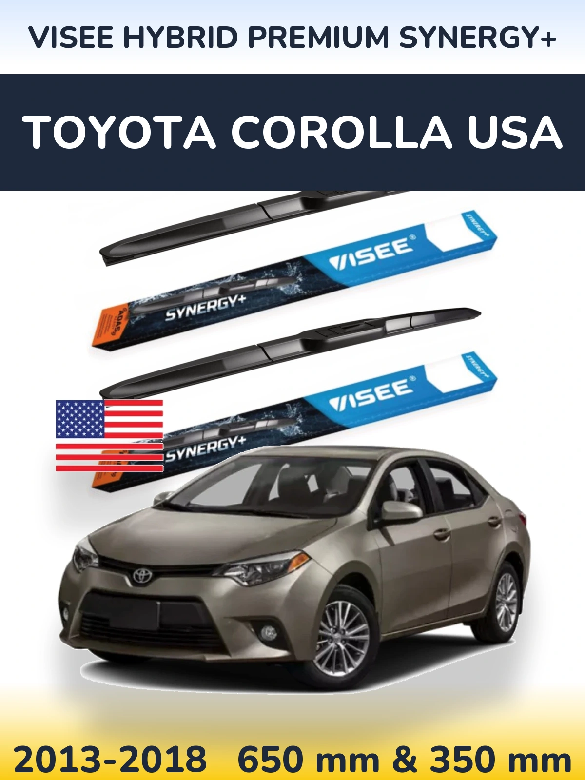 Front wiper blade set VISEE HYBRID PREMIUM SYNERGY+ 650 & 350 mm for Toyota Corolla USA 2013-2018